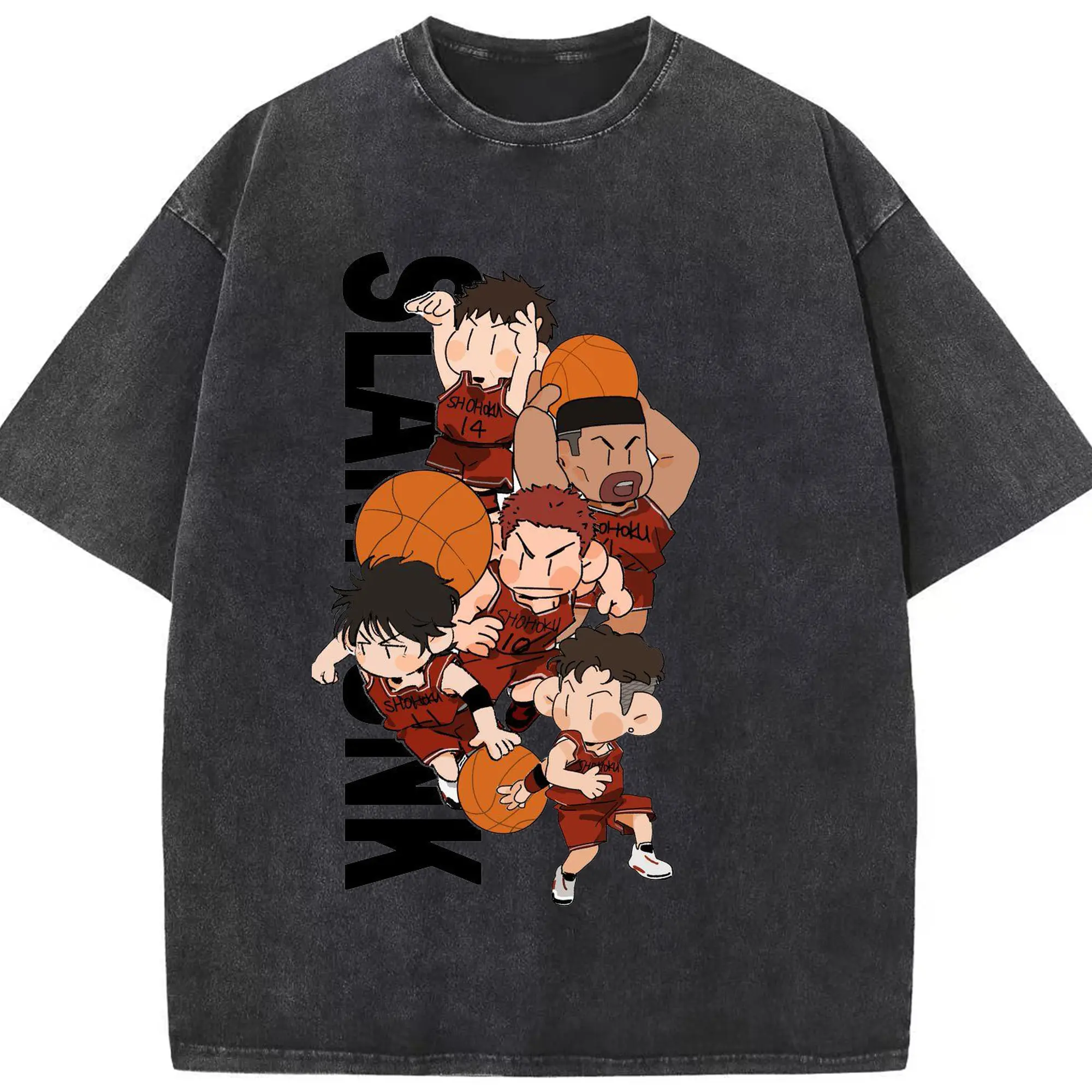 スラムダンク　湘北バスケ部　デフォルメ - 綿100％ ヴィンテージ風 半袖Tシャツ ・ フロントプリント ・ 柔らか肌触り ・ 通気性 快適 ・ スポーツ カジュアル 外出用