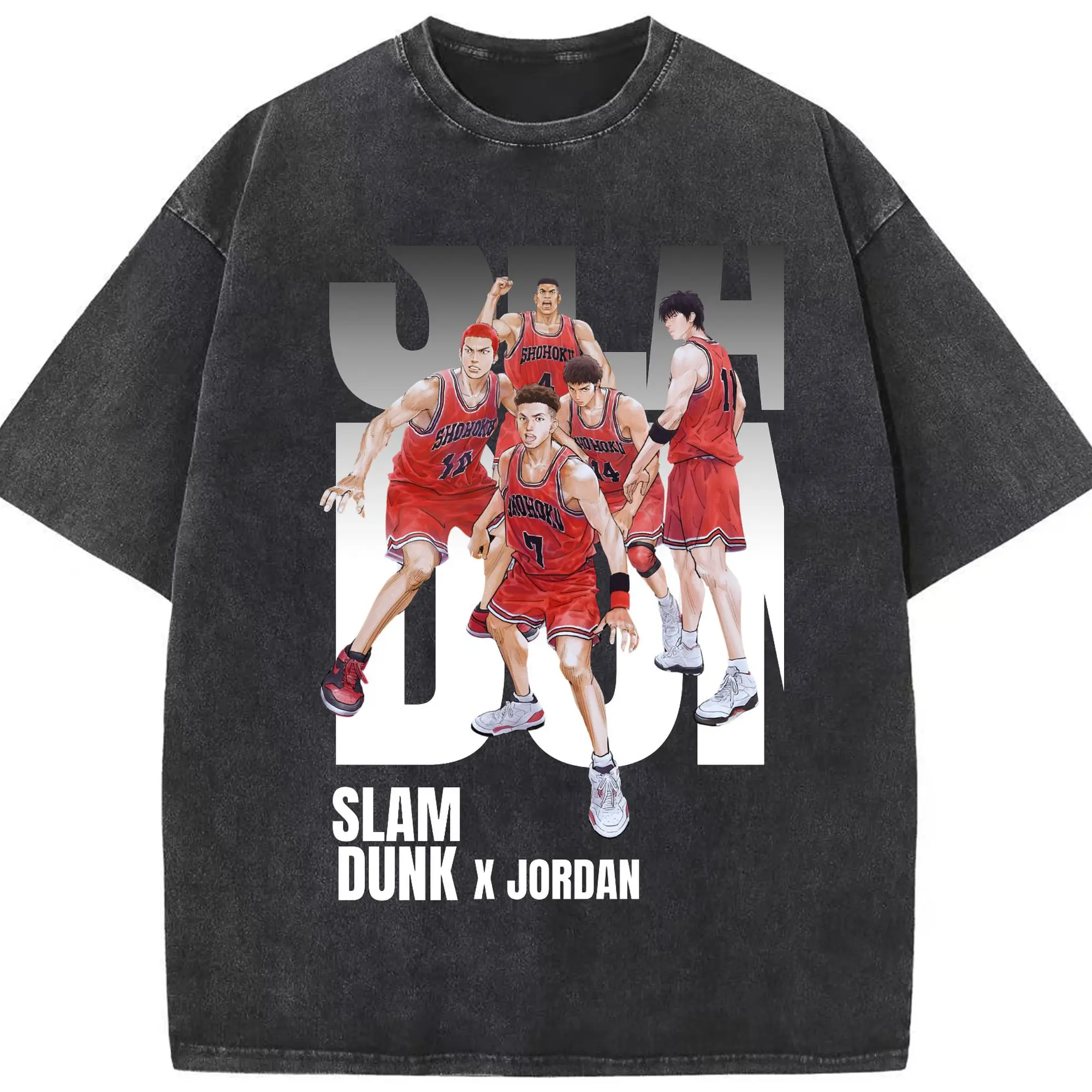 スラムダンク 映画　湘北バスケ部 - 綿100％ ヴィンテージ風 半袖Tシャツ ・ フロントプリント ・ 柔らか肌触り ・ 通気性 快適 ・ スポーツ カジュアル 外出用