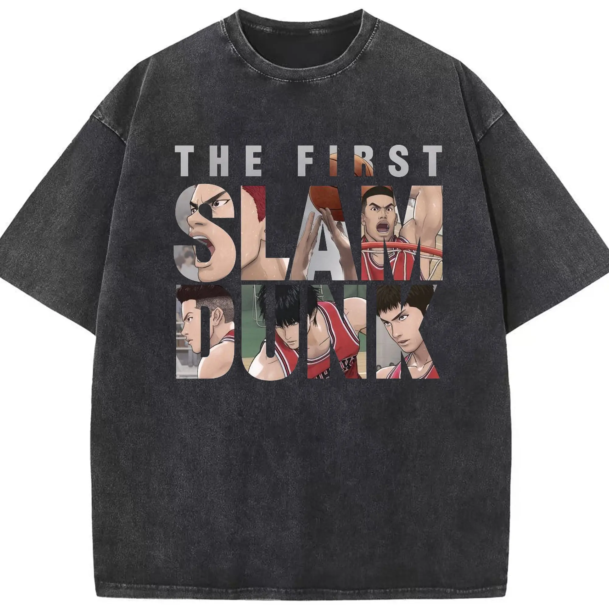 スラムダンク 映画　湘北バスケ部 - 綿100％ ヴィンテージ風 半袖Tシャツ ・ フロントプリント ・ 柔らか肌触り ・ 通気性 快適 ・ スポーツ カジュアル 外出用