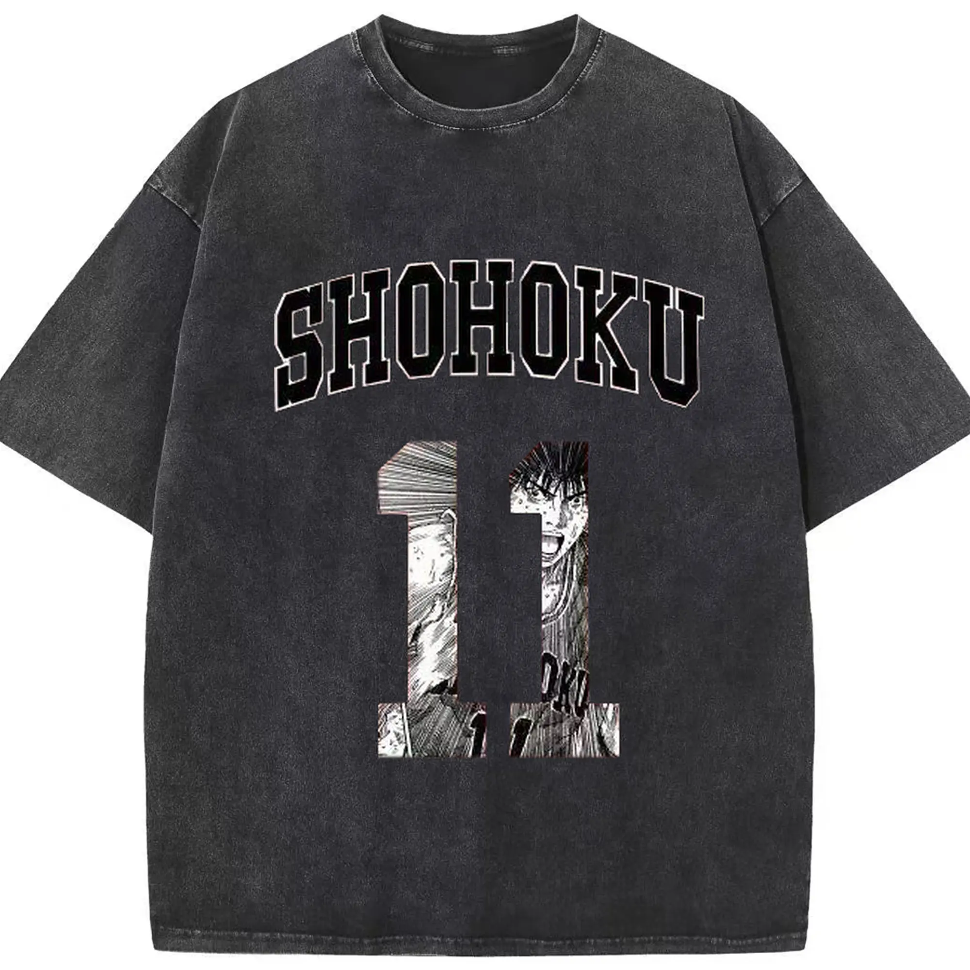 スラムダンク 流川楓 11番 - 綿100％ ヴィンテージ風 半袖Tシャツ ・ フロントプリント ・ 柔らか肌触り ・ 通気性 快適 ・ スポーツ カジュアル 外出用