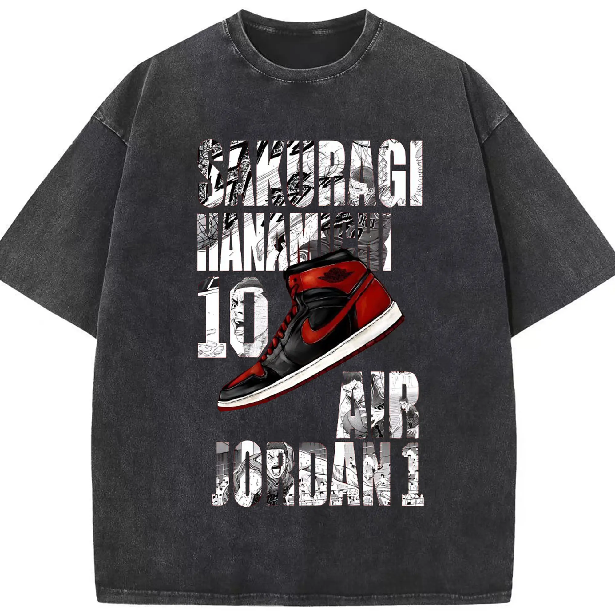 スラムダンクニーカーコラボ限定 - 綿100％ ヴィンテージ風 半袖Tシャツ ・ フロントプリント ・ 柔らか肌触り ・ 通気性 快適 ・ スポーツ カジュアル 外出用