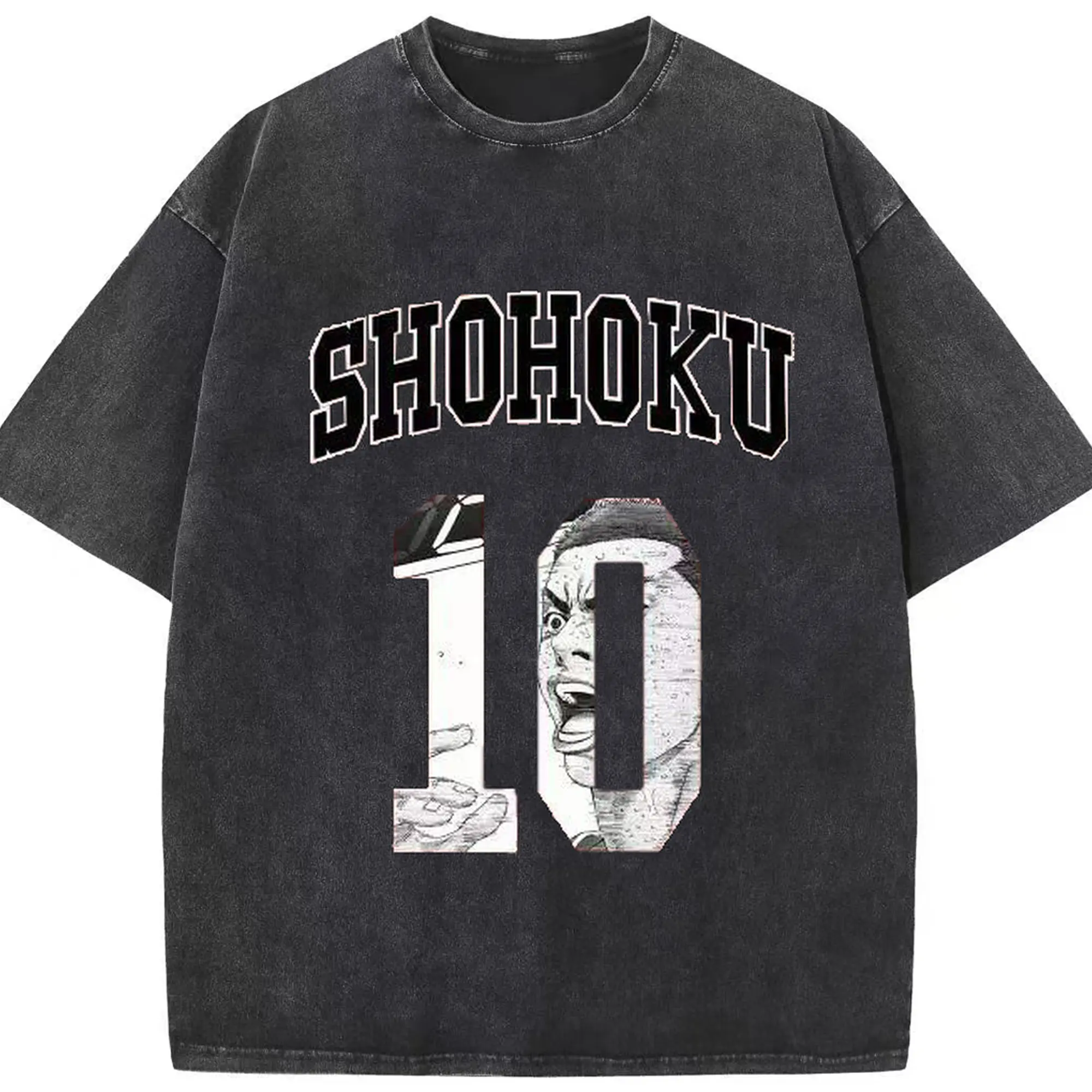 スラムダンク 櫻木花道 10番 - 綿100％ ヴィンテージ風 半袖Tシャツ ・ フロントプリント ・ 柔らか肌触り ・ 通気性 快適 ・ スポーツ カジュアル 外出用