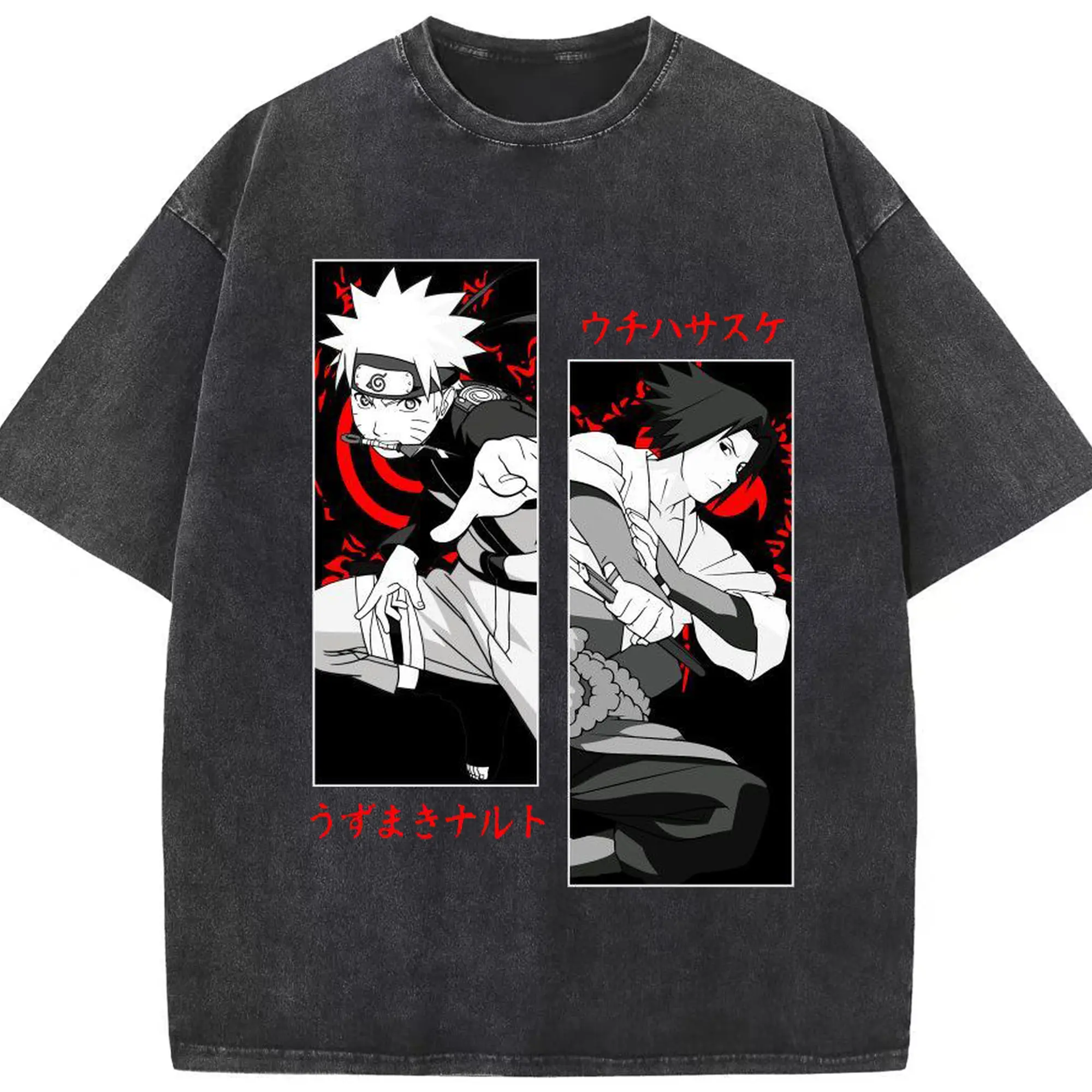 うずまき ナルト ナルト サスケ対決 - 綿100％ ヴィンテージ風 半袖Tシャツ ・ フロントプリント ・ 柔らか肌触り ・ 通気性 快適 ・ スポーツ カジュアル 外出用