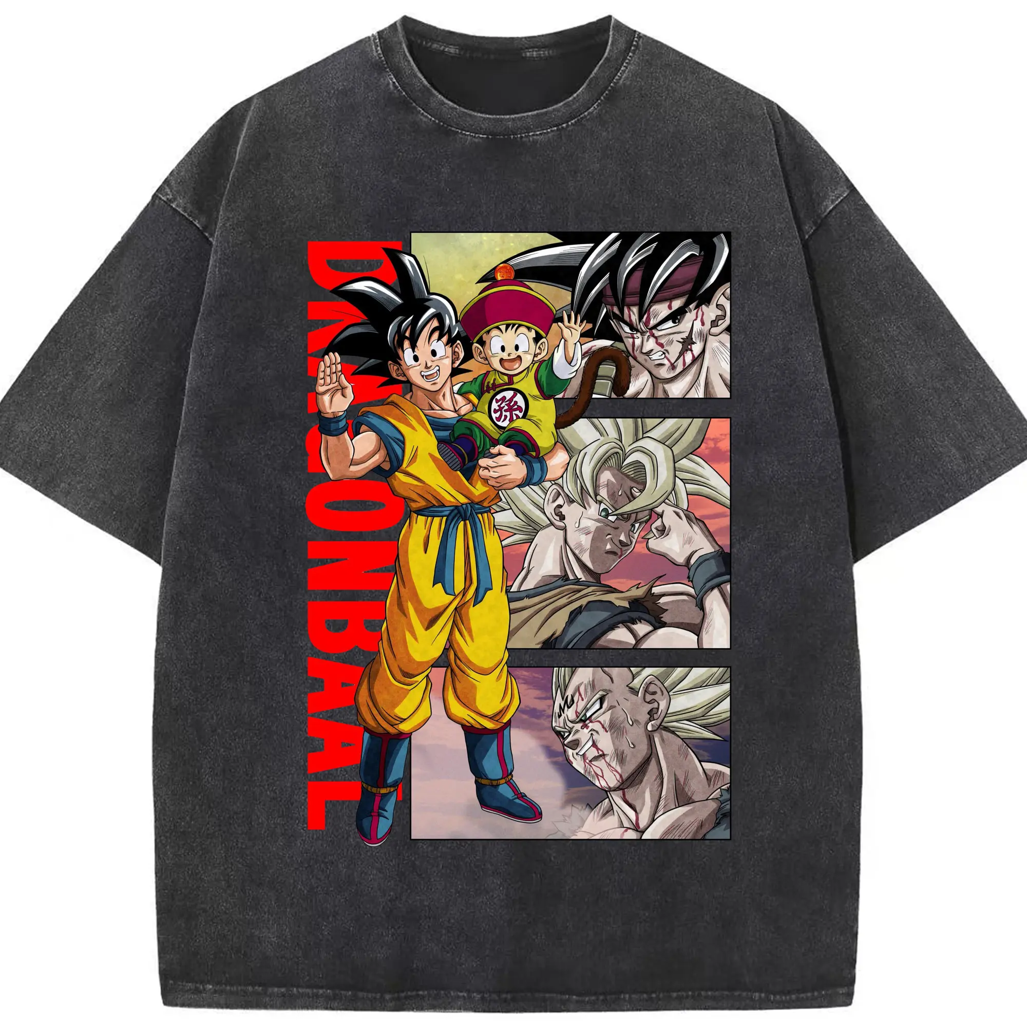 ドラゴンボール 超サイヤ人 孫悟空 - 綿100％ ヴィンテージ風 半袖Tシャツ ・ フロントプリント ・ 柔らか肌触り ・ 通気性 快適 ・ スポーツ カジュアル 外出用