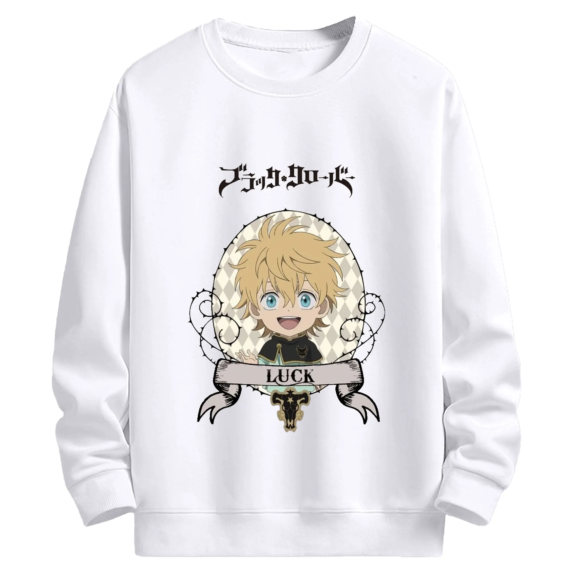 ブラッククローバー デフォルメキャラ ラック・ボルティア - 高品質 クルーネック スウェット ・ コットン59％ ポリエステル41％ ・ ユニセックス 長袖 トレーナー ・ カジュアル デイリー スポーツ 散歩用