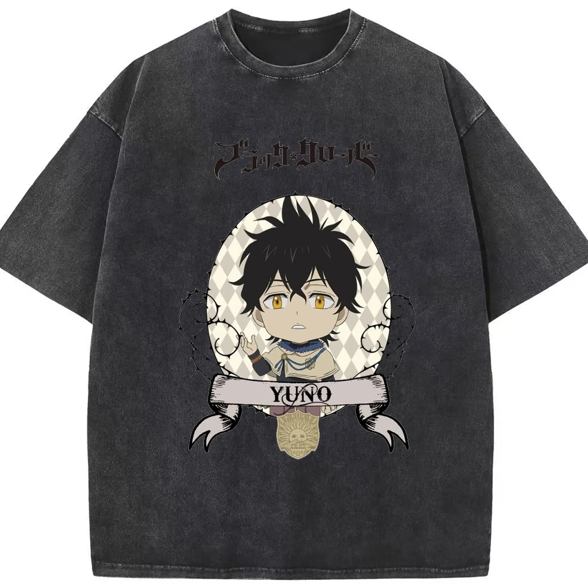 ブラッククローバー デフォルメキャラ ユノ - 綿100％ ヴィンテージ風 半袖Tシャツ ・ フロントプリント ・ 柔らか肌触り ・ 通気性 快適 ・ スポーツ カジュアル 外出用