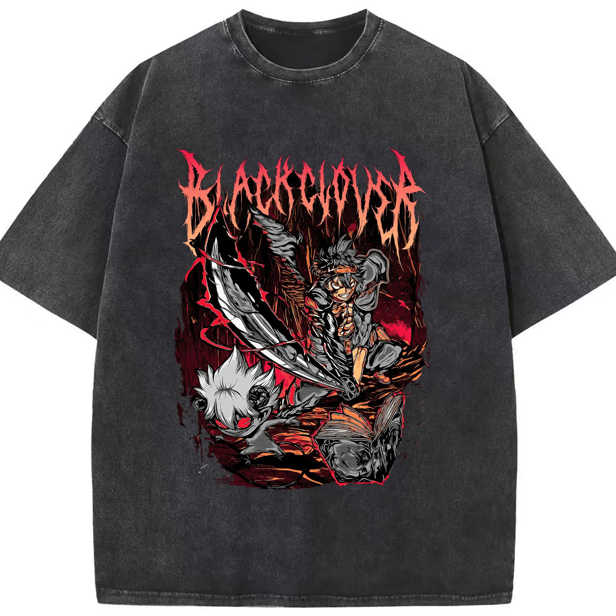 ブラッククローバー デーモンアスタ - 綿100％ ヴィンテージ風 半袖Tシャツ ・ フロントプリント ・ 柔らか肌触り ・ 通気性 快適 ・ スポーツ カジュアル 外出用