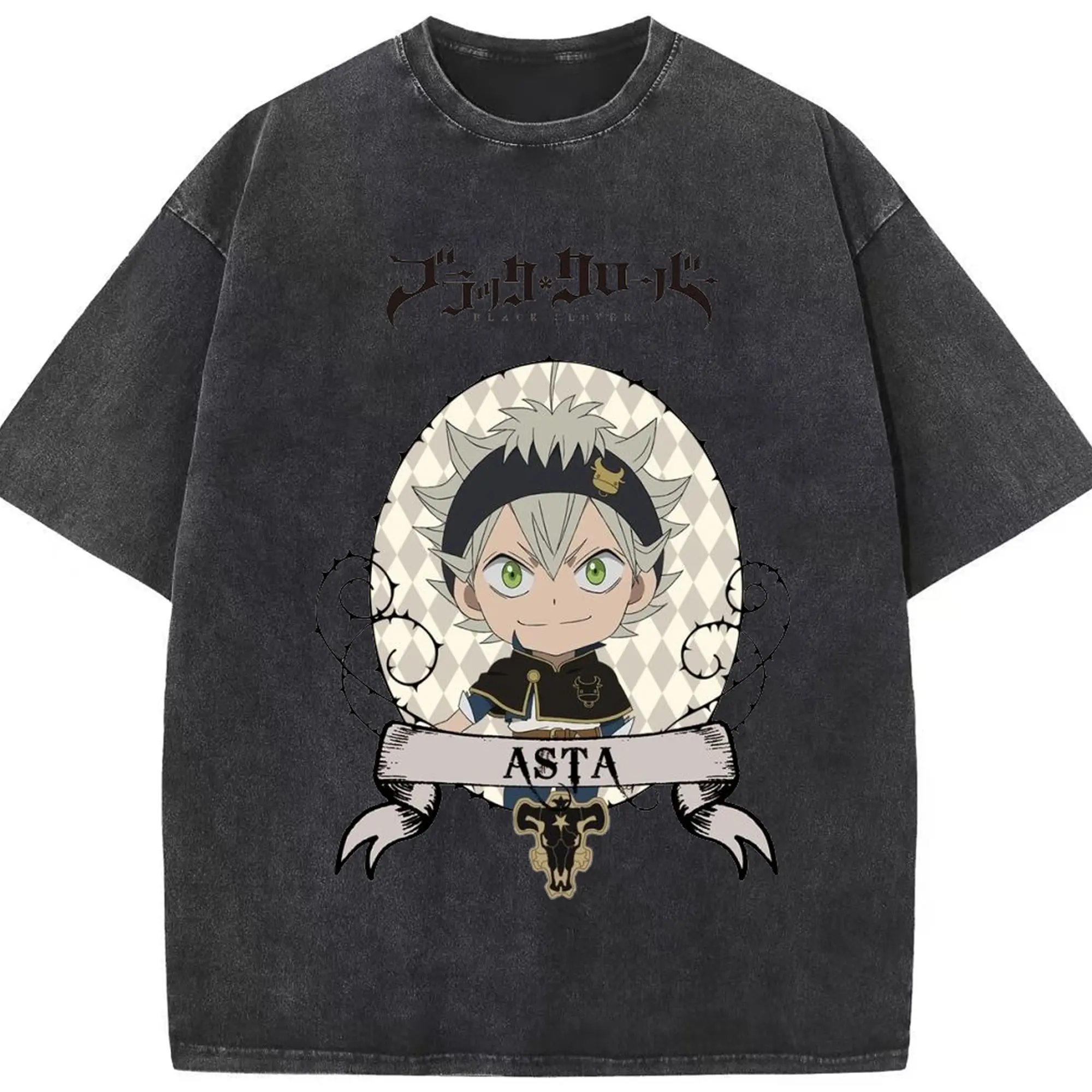 ブラッククローバー デフォルメキャラ - 綿100％ ヴィンテージ風 半袖Tシャツ ・ フロントプリント ・ 柔らか肌触り ・ 通気性 快適 ・ スポーツ カジュアル 外出用