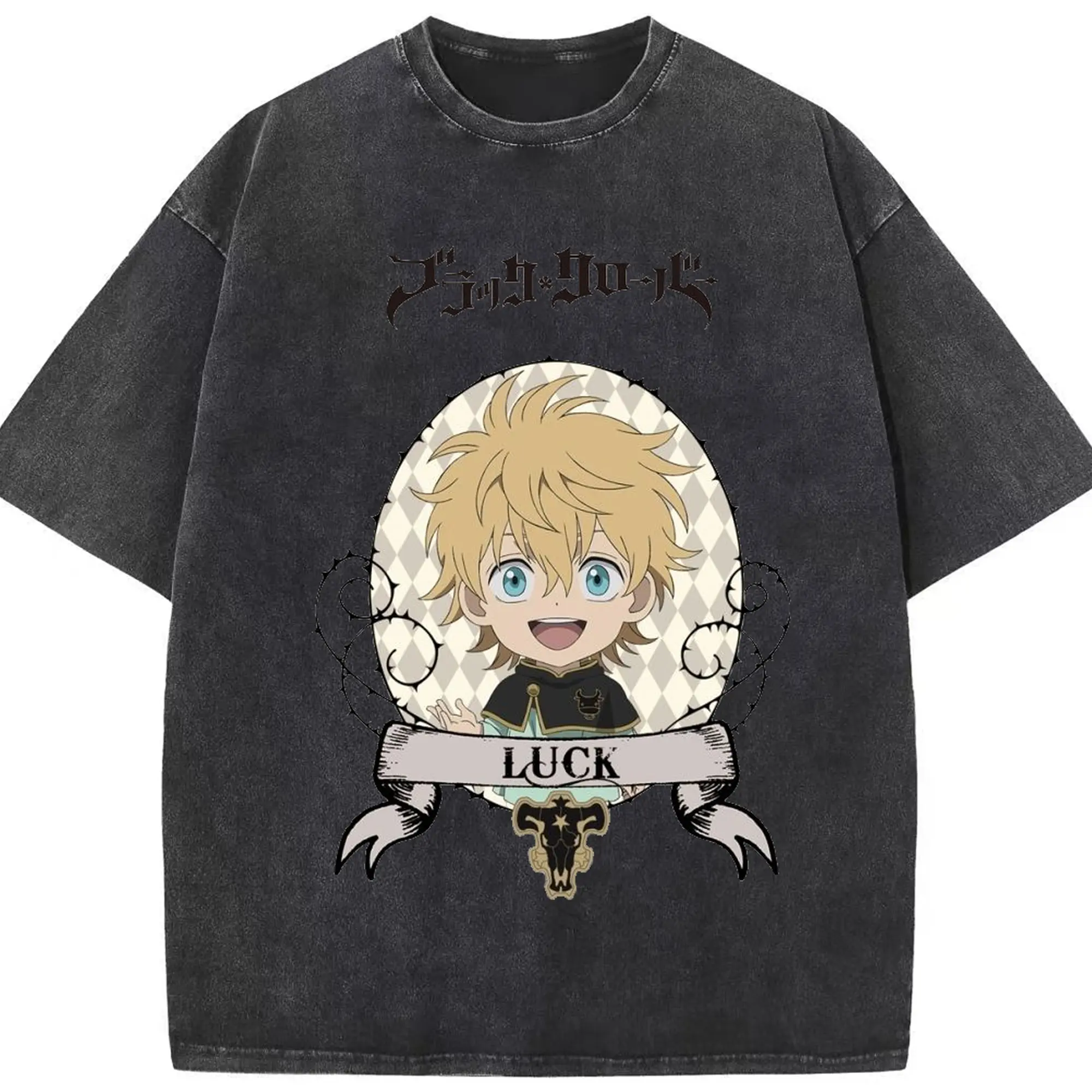 ブラッククローバー デフォルメキャラ ラック・ボルティア - 綿100％ ヴィンテージ風 半袖Tシャツ ・ フロントプリント ・ 柔らか肌触り ・ 通気性 快適 ・ スポーツ カジュアル 外出用