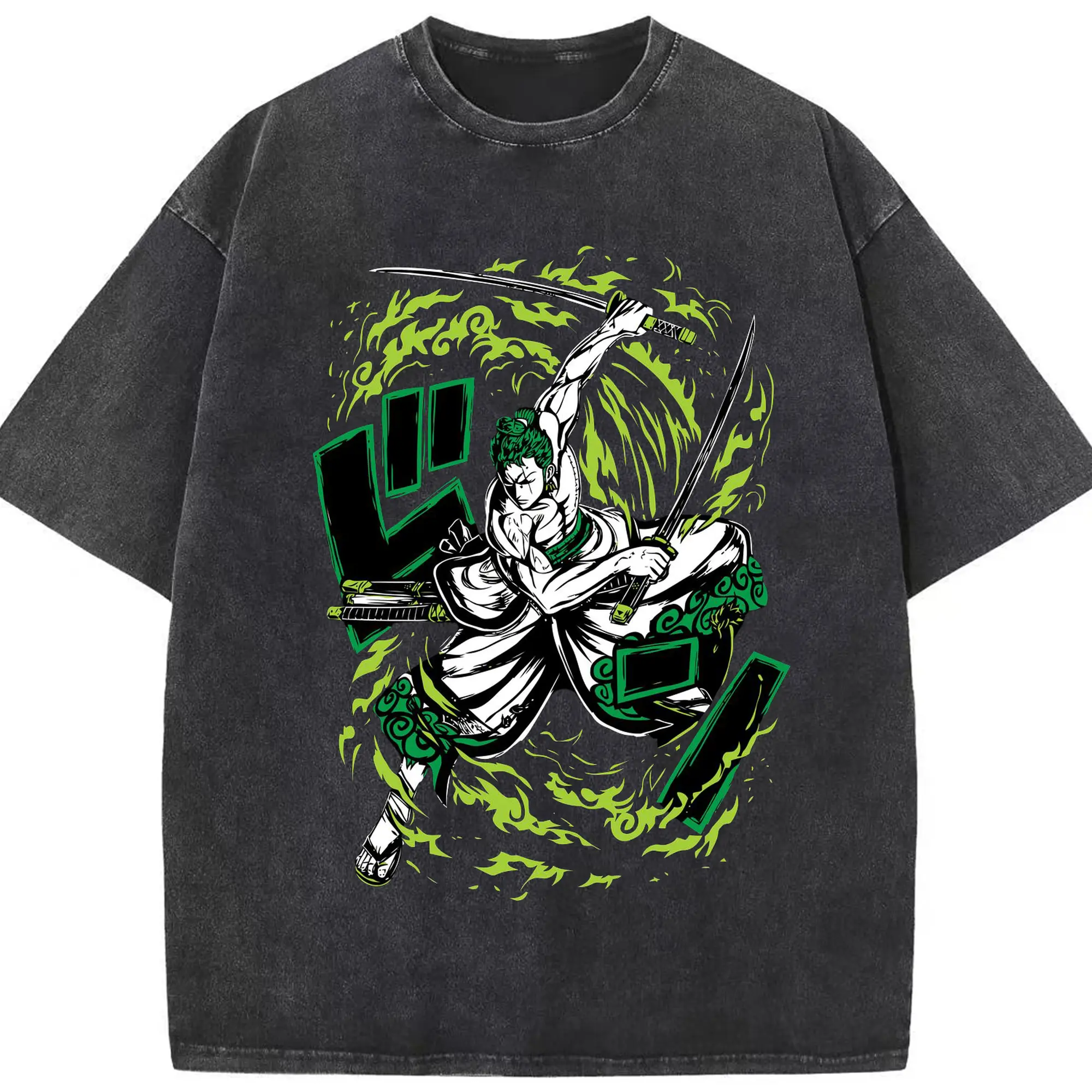 ワンピース ロロノア・ゾロ - 綿100％ ヴィンテージ風 半袖Tシャツ ・ フロントプリント ・ 柔らか肌触り ・ 通気性 快適 ・ スポーツ カジュアル 外出用