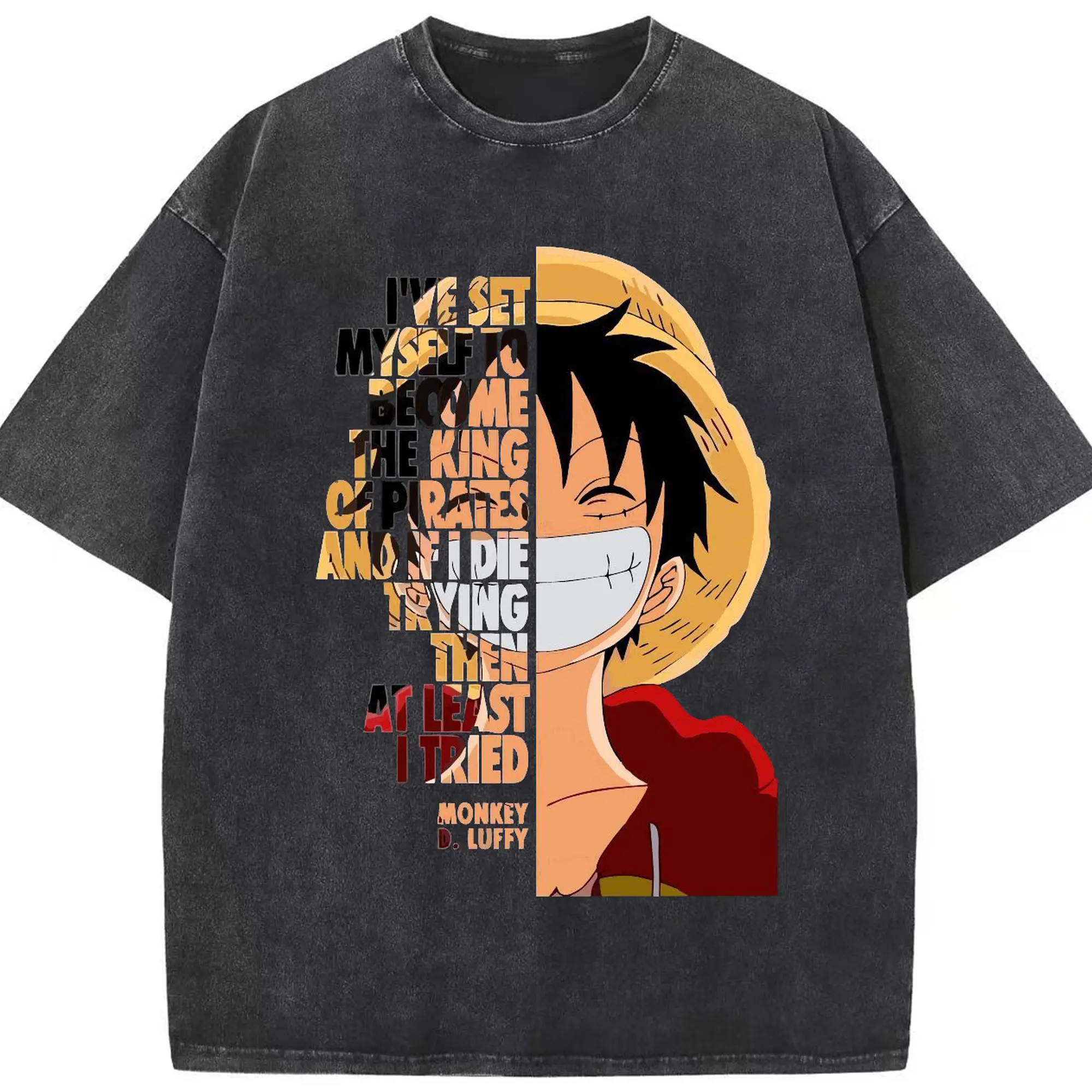 ワンピース モンキー・D・ルフィ - 綿100％ ヴィンテージ風 半袖Tシャツ ・ フロントプリント ・ 柔らか肌触り ・ 通気性 快適 ・ スポーツ カジュアル 外出用