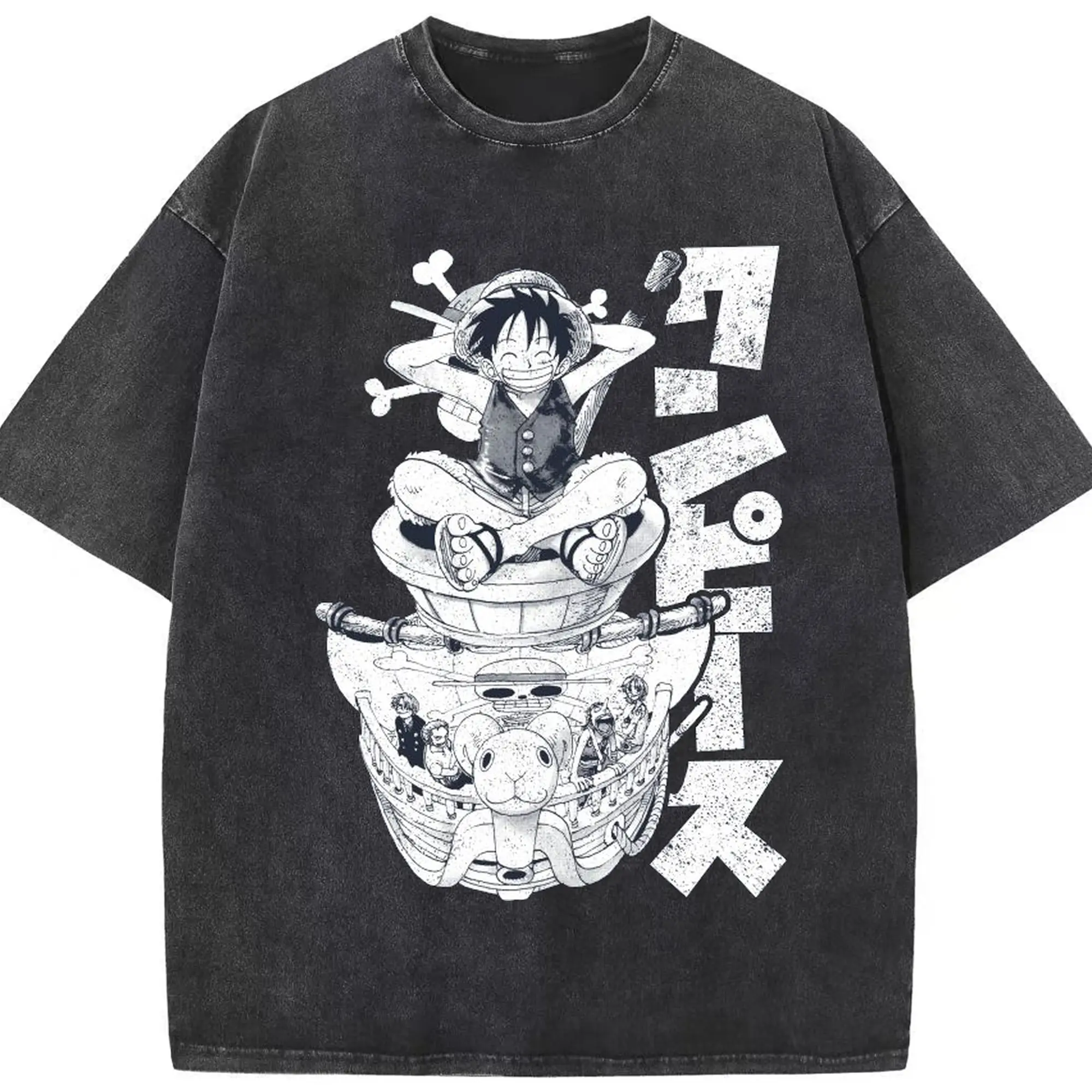 ワンピース モンキー・D・ルフィ - 綿100％ ヴィンテージ風 半袖Tシャツ ・ フロントプリント ・ 柔らか肌触り ・ 通気性 快適 ・ スポーツ カジュアル 外出用