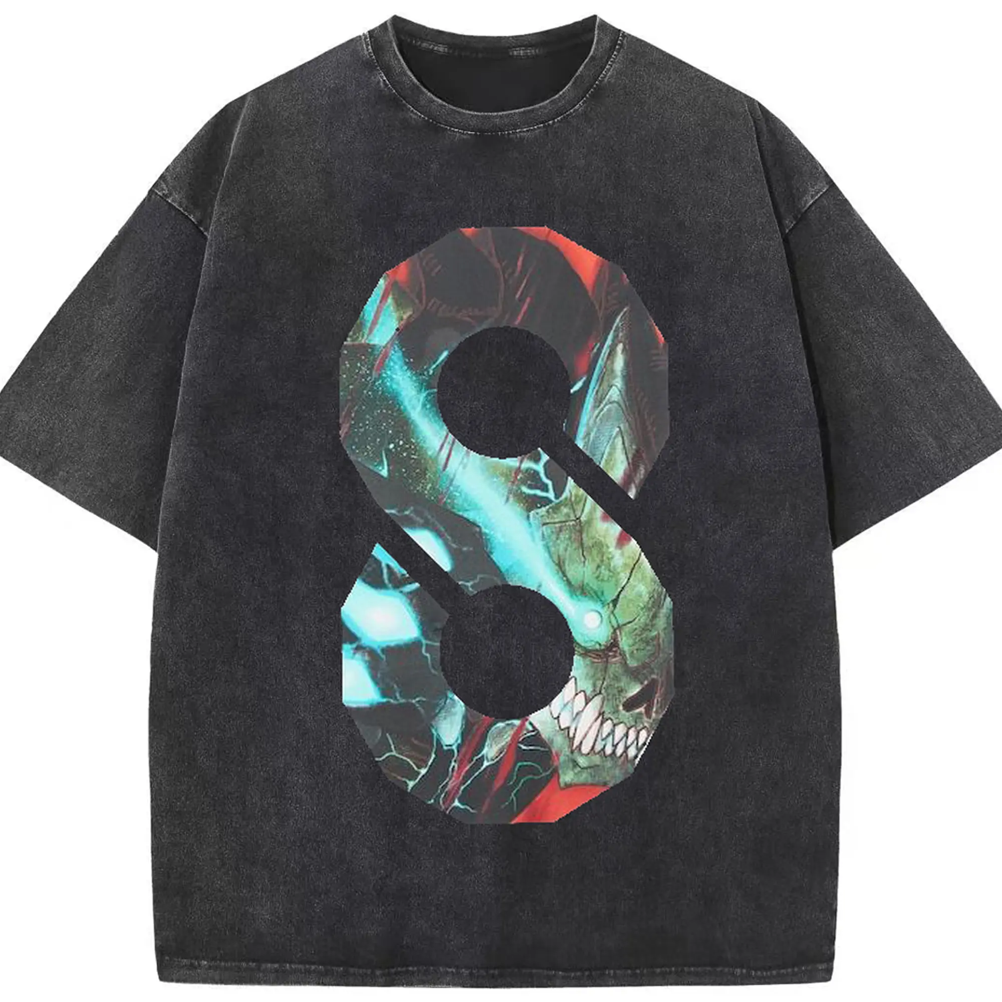 怪獣8号 日比野カフカ 番号８ロゴ - 綿100％ ヴィンテージ風 半袖Tシャツ ・ フロントプリント ・ 柔らか肌触り ・ 通気性 快適 ・ スポーツ カジュアル 外出用