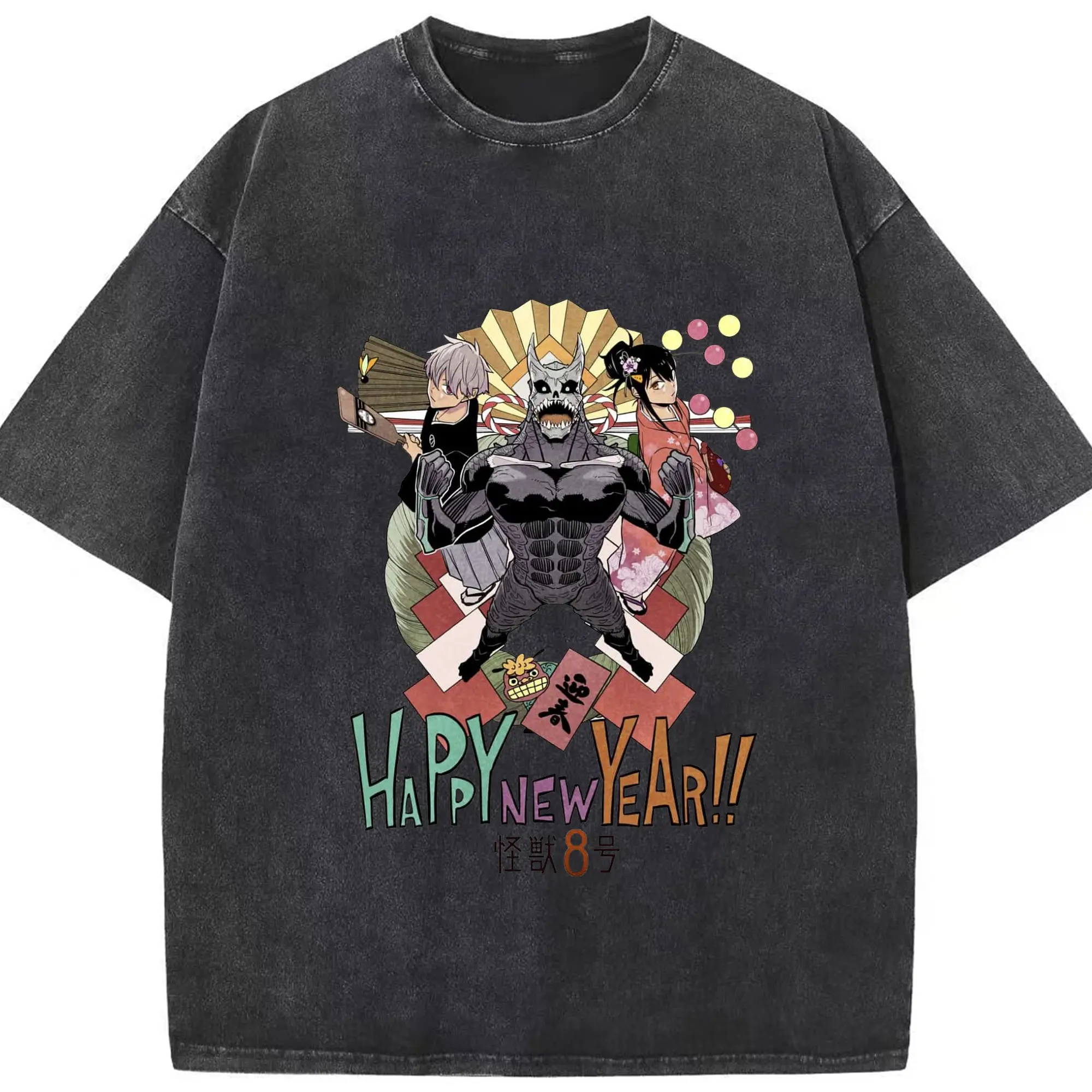 怪獣8号 あけまして特別限定 - 綿100％ ヴィンテージ風 半袖Tシャツ ・ フロントプリント ・ 柔らか肌触り ・ 通気性 快適 ・ スポーツ カジュアル 外出用