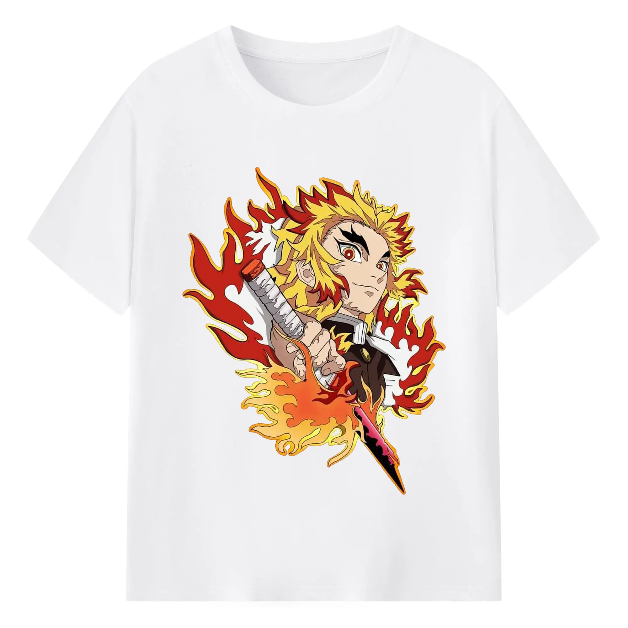 鬼滅の刃 無限列車編 煉獄杏寿郎 - 綿100％ 半袖Tシャツ ・ フロントプリント ・ 快適 通気性 ・ 日常使い 散歩 スポーツ用