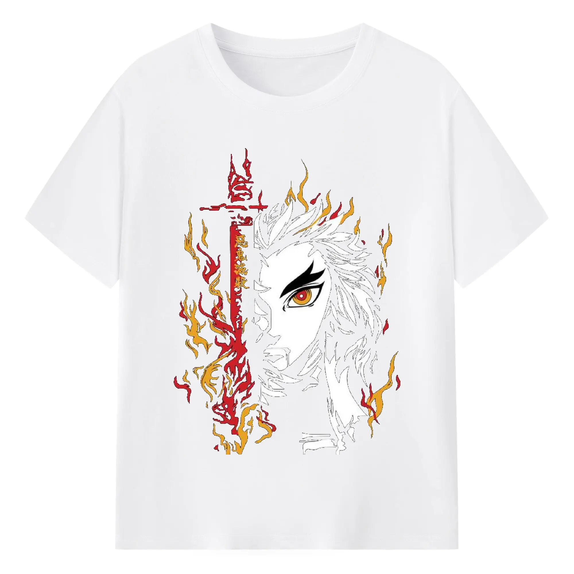 鬼滅の刃 無限列車編 煉獄杏寿郎 - 綿100％ 半袖Tシャツ ・ フロントプリント ・ 快適 通気性 ・ 日常使い 散歩 スポーツ用