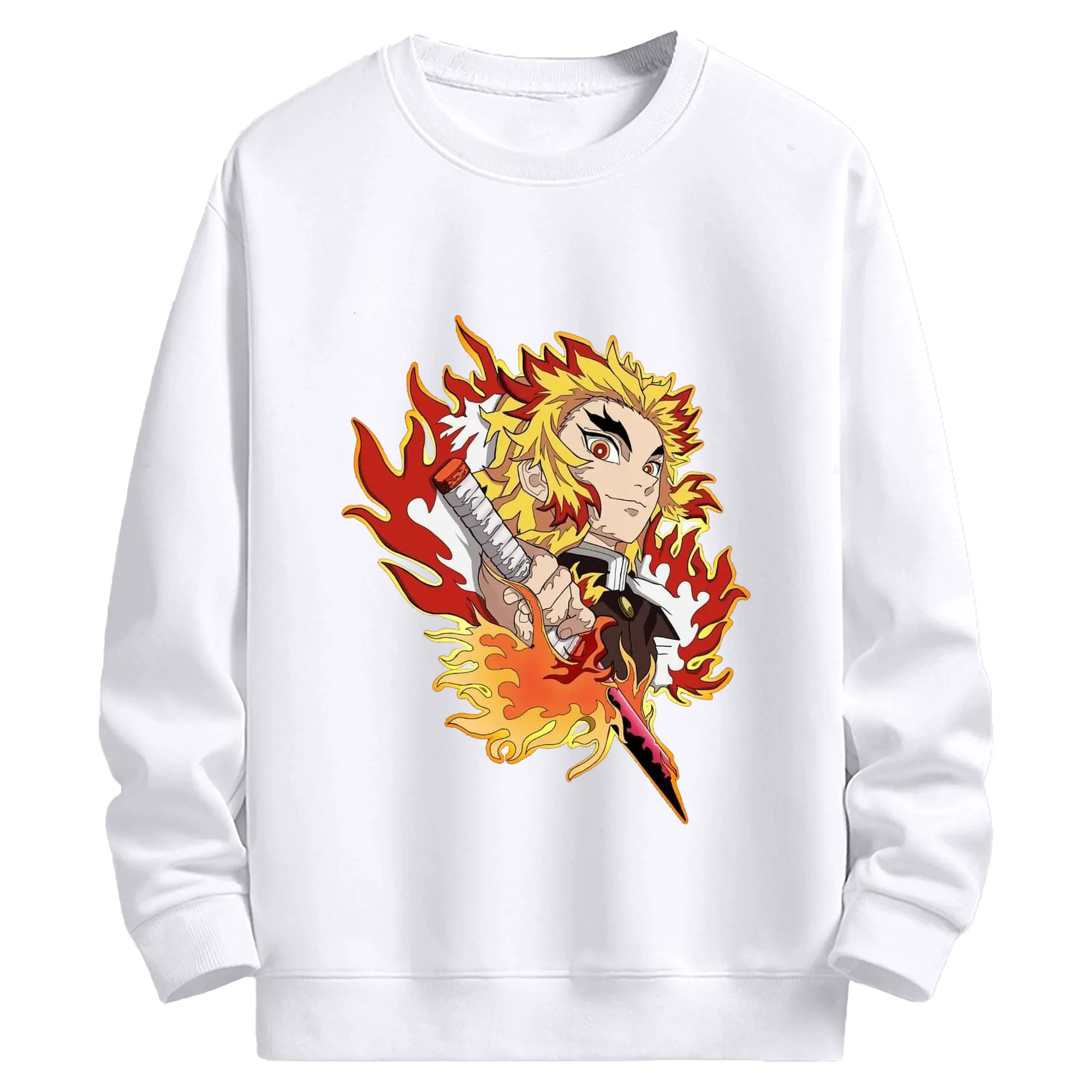 鬼滅の刃 無限列車編 煉獄杏寿郎 - 高品質 クルーネック スウェット ・ コットン59％ ポリエステル41％ ・ ユニセックス 長袖 トレーナー ・ カジュアル デイリー スポーツ 散歩用