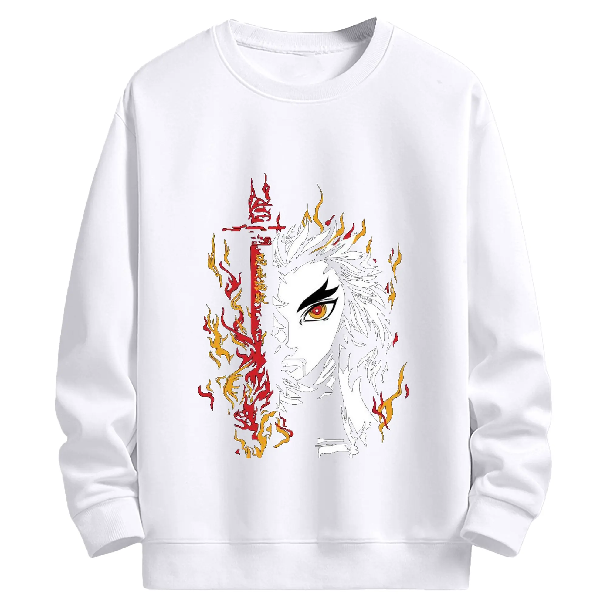 鬼滅の刃 無限列車編 煉獄杏寿郎 - 高品質 クルーネック スウェット ・ コットン59％ ポリエステル41％ ・ ユニセックス 長袖 トレーナー ・ カジュアル デイリー スポーツ 散歩用