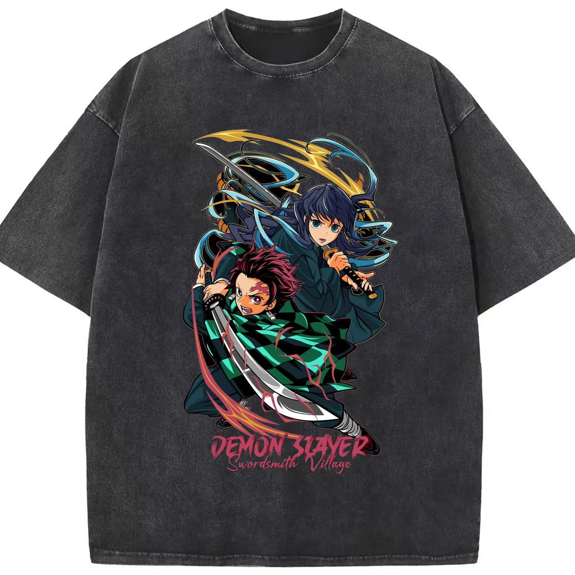 鬼滅の刃 冨岡義勇 - 綿100％ ヴィンテージ風 半袖Tシャツ ・ フロントプリント ・ 柔らか肌触り ・ 通気性 快適 ・ スポーツ カジュアル 外出用