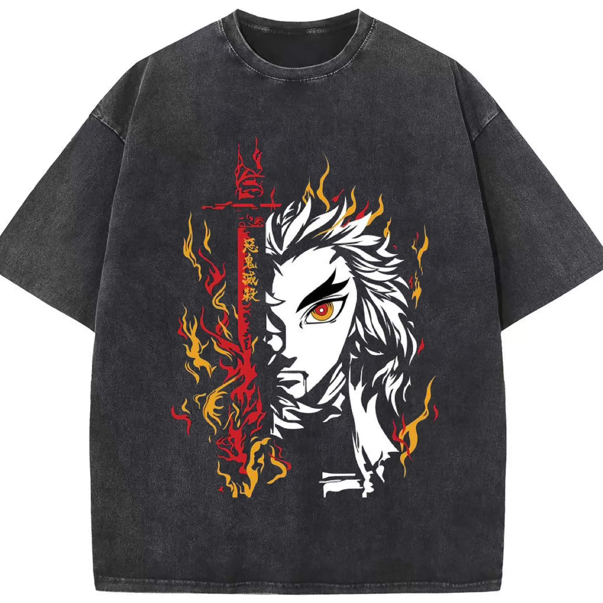 鬼滅の刃 無限列車編 煉獄杏寿郎 - 綿100％ ヴィンテージ風 半袖Tシャツ ・ フロントプリント ・ 柔らか肌触り ・ 通気性 快適 ・ スポーツ カジュアル 外出用