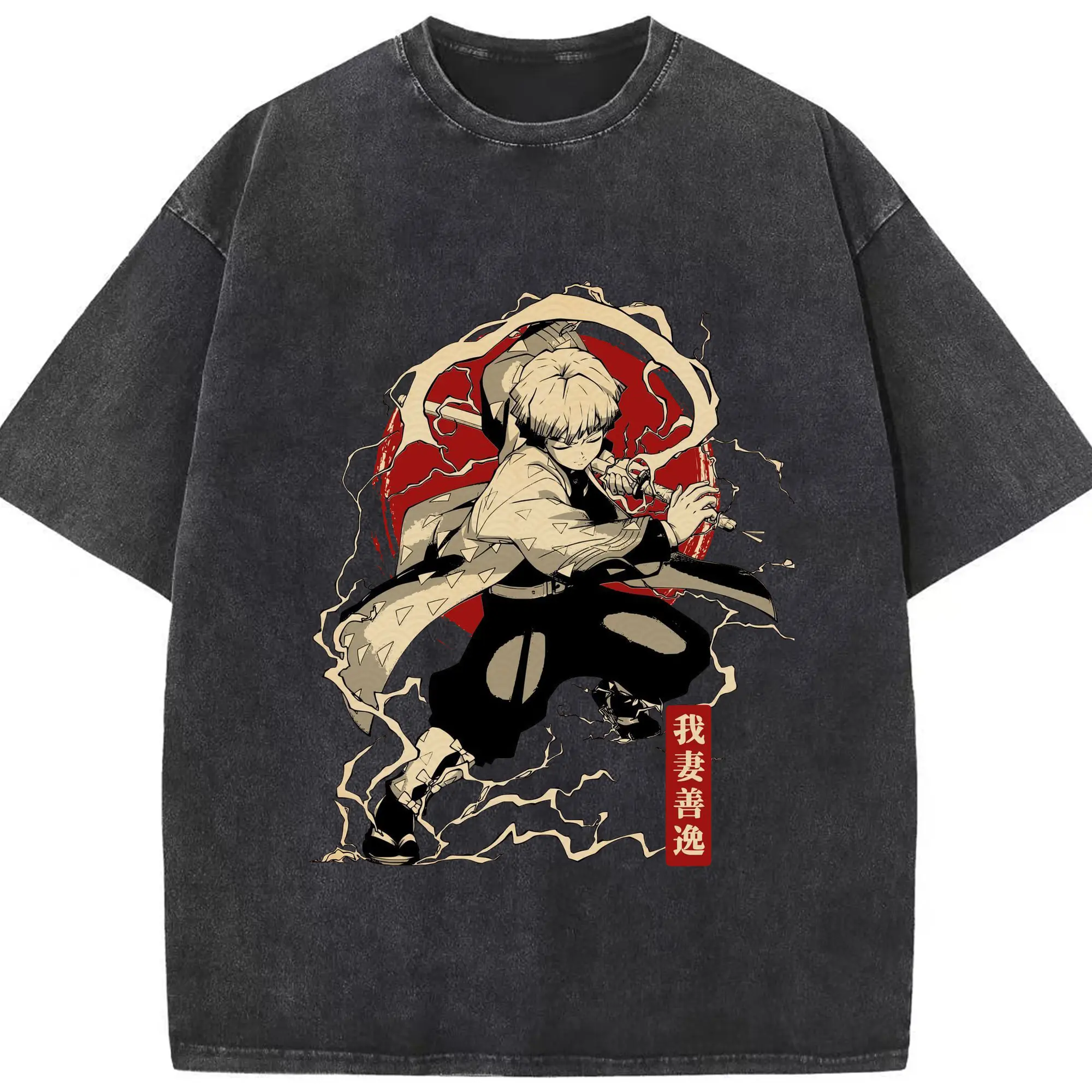鬼滅の刃 我妻善逸 - 綿100％ ヴィンテージ風 半袖Tシャツ ・ フロントプリント ・ 柔らか肌触り ・ 通気性 快適 ・ スポーツ カジュアル 外出用