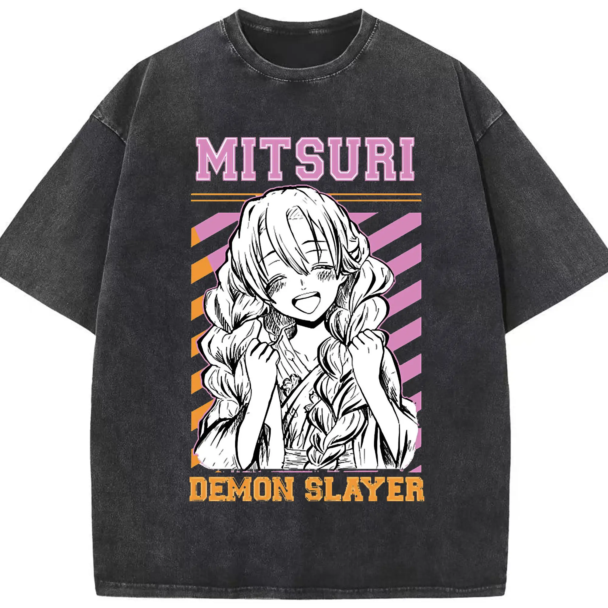 鬼滅の刃 甘露寺蜜璃 - 綿100％ ヴィンテージ風 半袖Tシャツ ・ フロントプリント ・ 柔らか肌触り ・ 通気性 快適 ・ スポーツ カジュアル 外出用