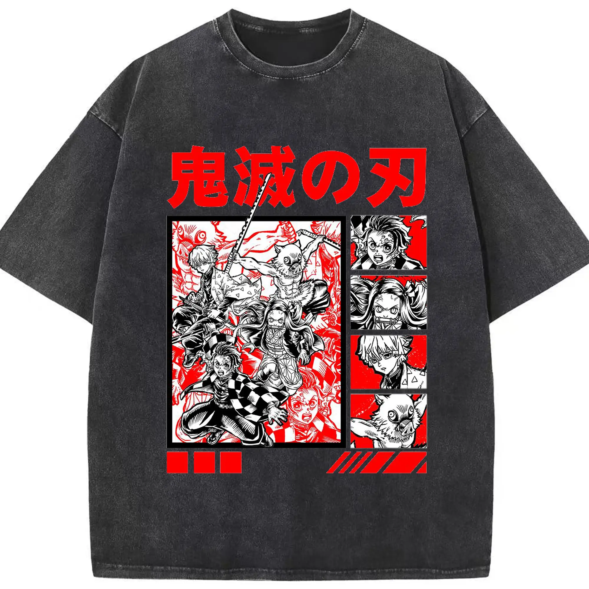 鬼滅の刃 鬼殺隊 - 綿100％ ヴィンテージ風 半袖Tシャツ ・ フロントプリント ・ 柔らか肌触り ・ 通気性 快適 ・ スポーツ カジュアル 外出用