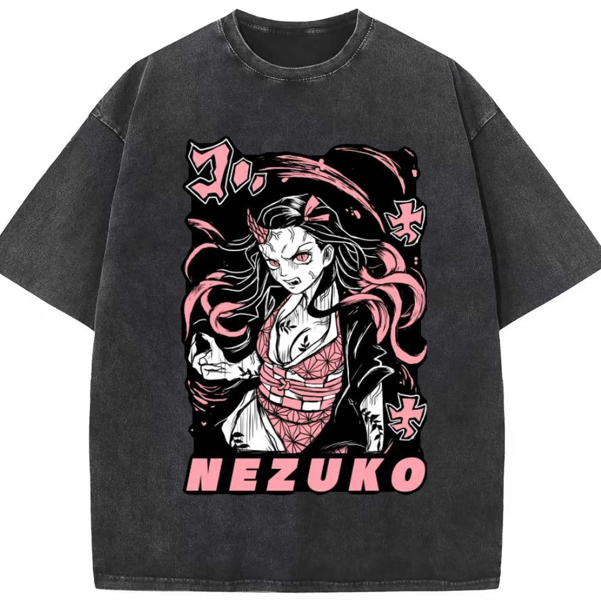 鬼滅の刃 竈門禰豆子 - 綿100％ ヴィンテージ風 半袖Tシャツ ・ フロントプリント ・ 柔らか肌触り ・ 通気性 快適 ・ スポーツ カジュアル 外出用