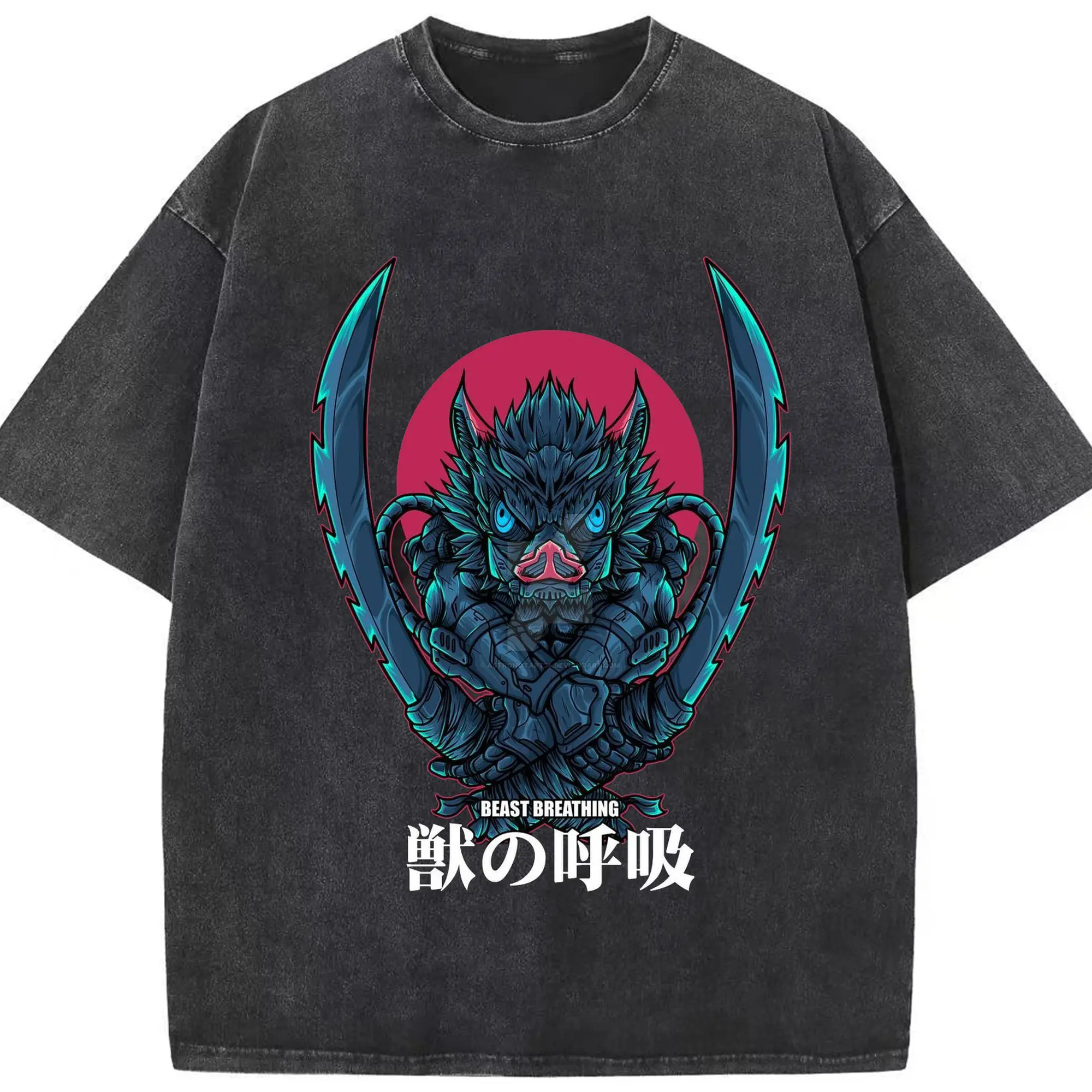 鬼滅の刃 嘴平伊之助 - 綿100％ ヴィンテージ風 半袖Tシャツ ・ フロントプリント ・ 柔らか肌触り ・ 通気性 快適 ・ スポーツ カジュアル 外出用