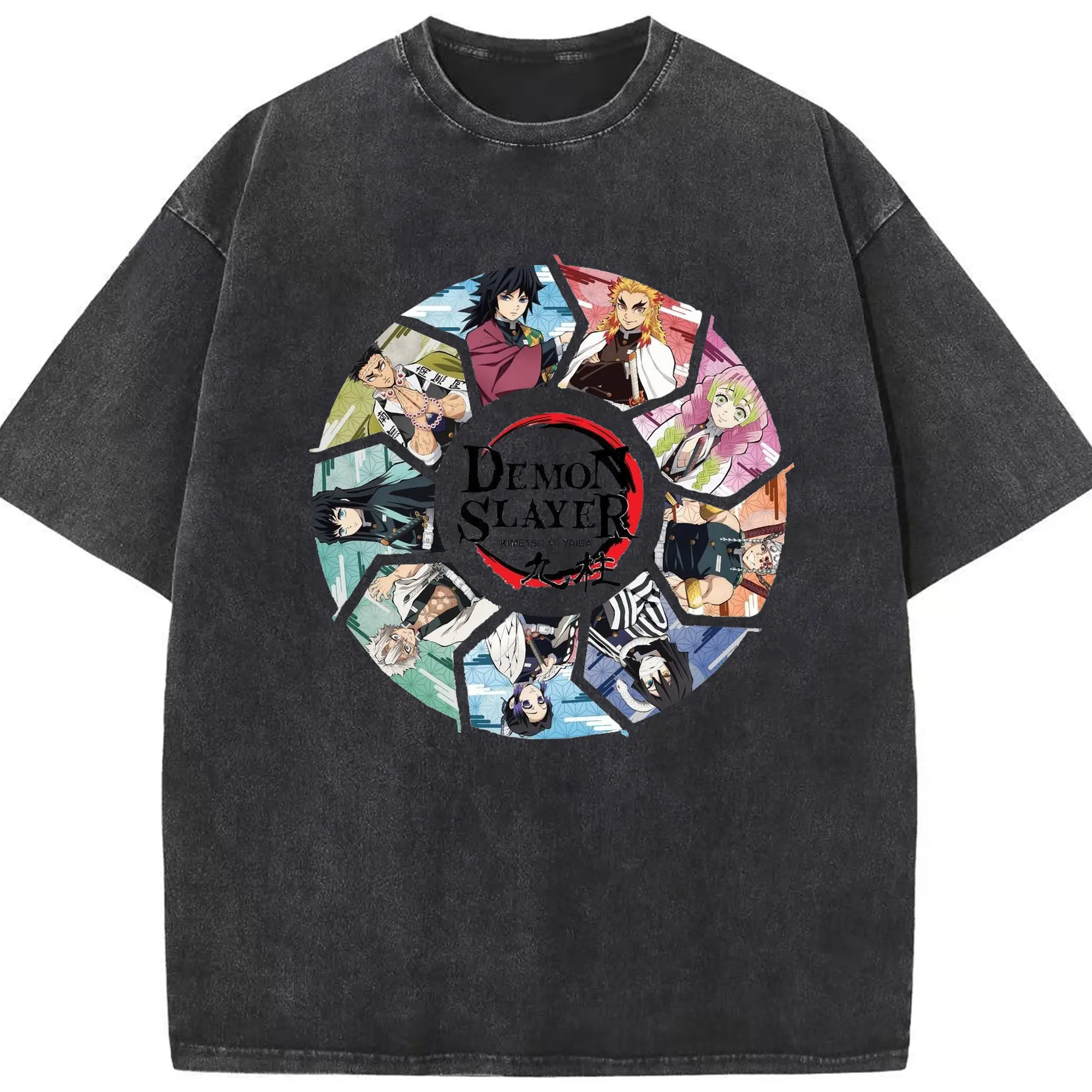 鬼滅の刃 柱合会議 - 綿100％ ヴィンテージ風 半袖Tシャツ ・ フロントプリント ・ 柔らか肌触り ・ 通気性 快適 ・ スポーツ カジュアル 外出用