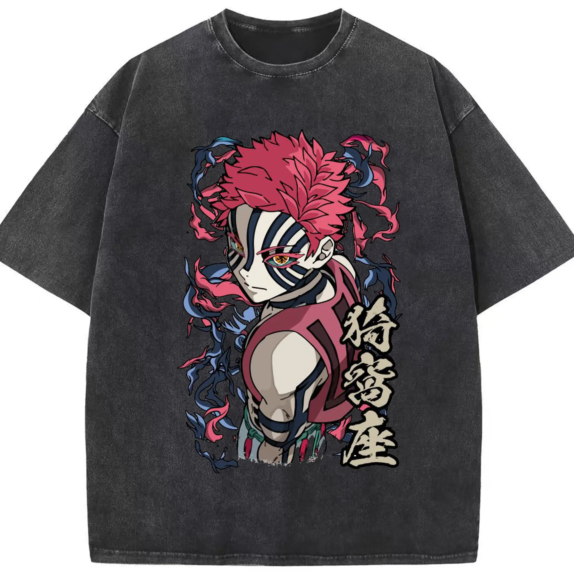 鬼滅の刃 無限列車編 十二鬼月 猗窩座 - 綿100％ ヴィンテージ風 半袖Tシャツ ・ フロントプリント ・ 柔らか肌触り ・ 通気性 快適 ・ スポーツ カジュアル 外出用