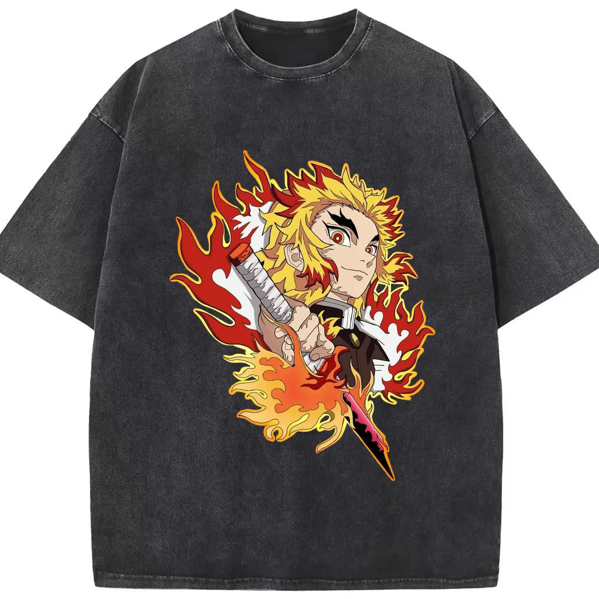 鬼滅の刃 無限列車編 煉獄杏寿郎 - 綿100％ ヴィンテージ風 半袖Tシャツ ・ フロントプリント ・ 柔らか肌触り ・ 通気性 快適 ・ スポーツ カジュアル 外出用