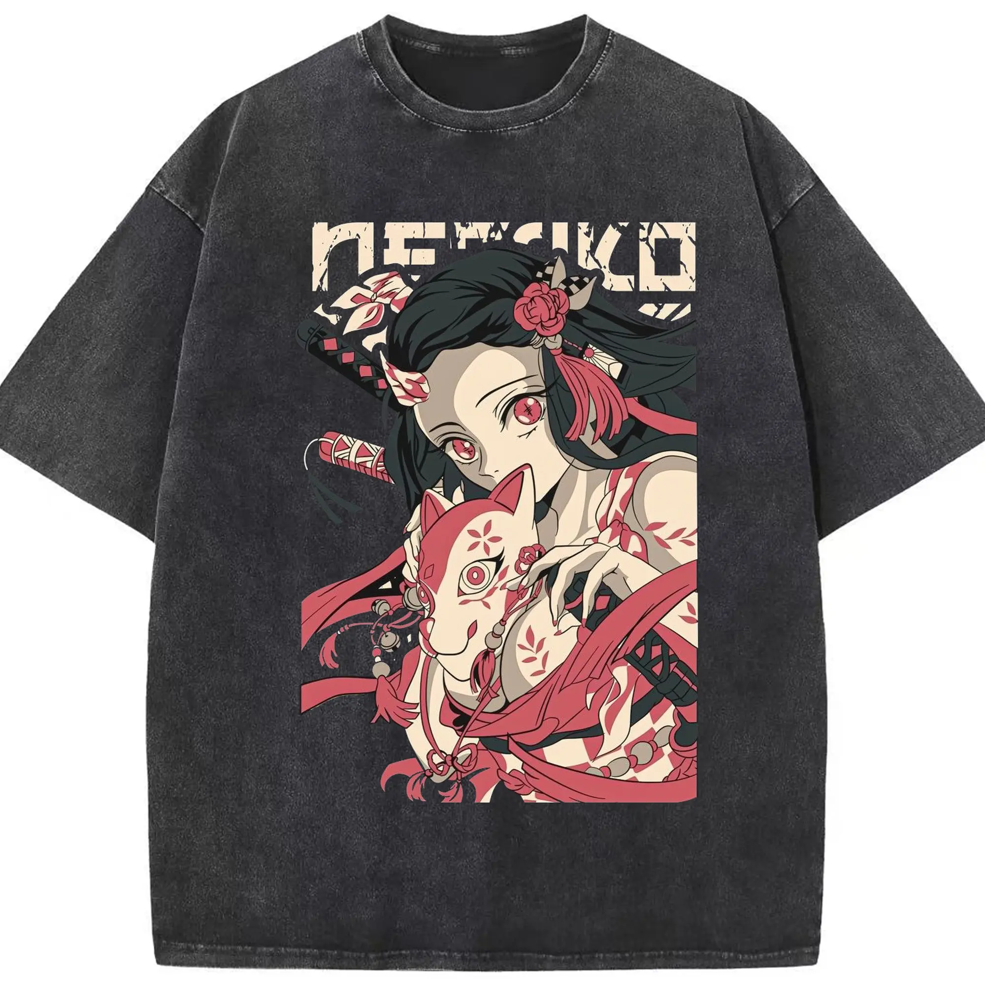 鬼滅の刃 竈門禰豆子 禰豆子鬼化 - 綿100％ ヴィンテージ風 半袖Tシャツ ・ フロントプリント ・ 柔らか肌触り ・ 通気性 快適 ・ スポーツ カジュアル 外出用