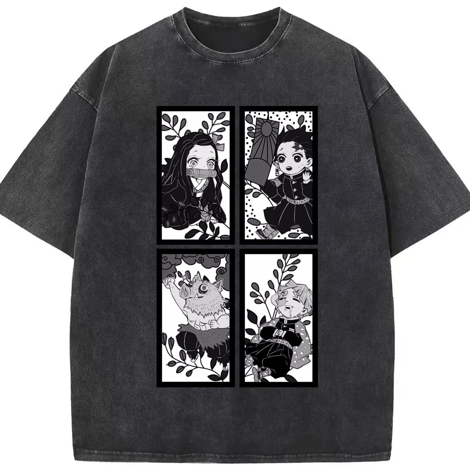 鬼滅の刃 鬼殺隊 炭治郎禰豆子善逸伊之助 - 綿100％ ヴィンテージ風 半袖Tシャツ ・ フロントプリント ・ 柔らか肌触り ・ 通気性 快適 ・ スポーツ カジュアル 外出用