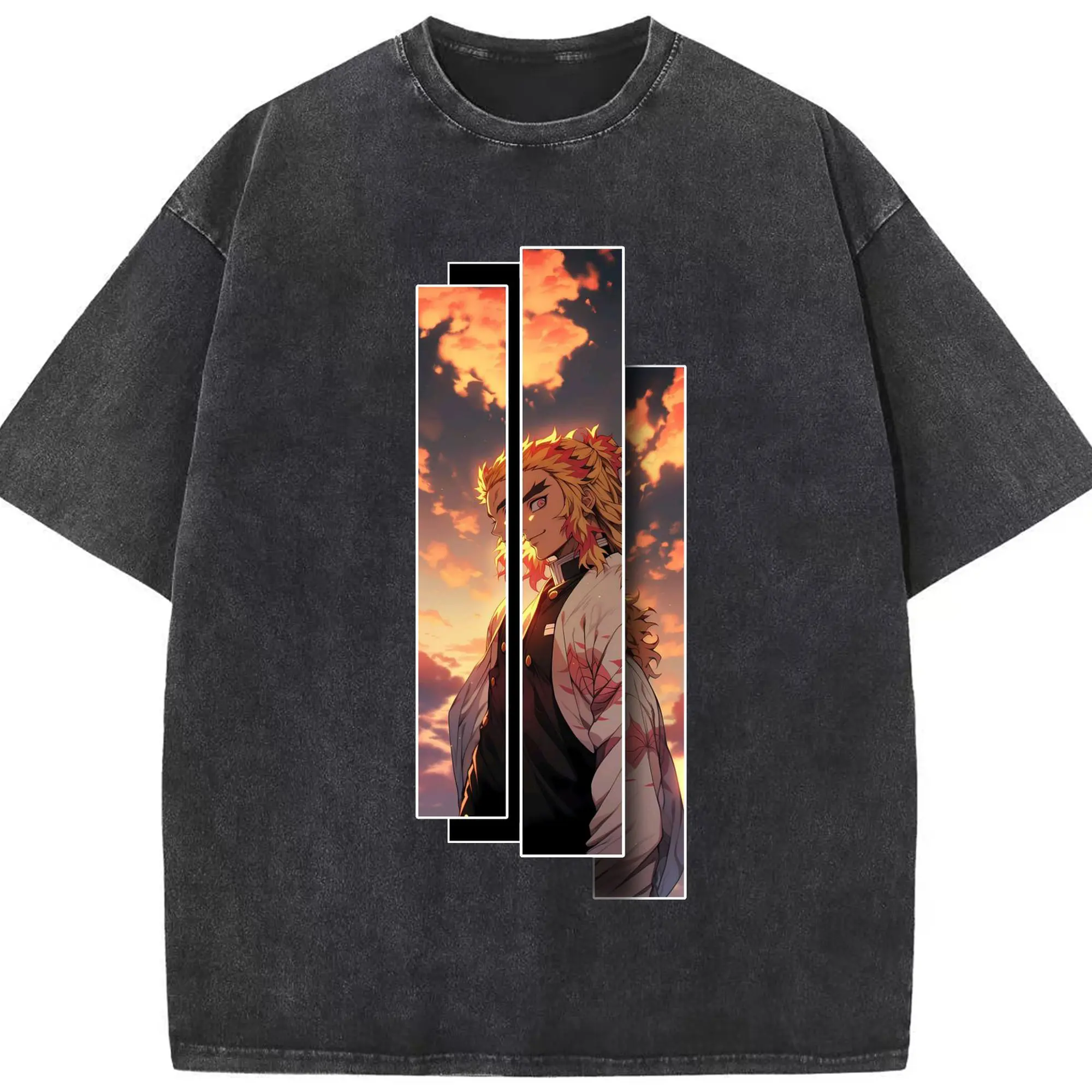 鬼滅の刃 無限列車編 煉獄杏寿郎 - 綿100％ ヴィンテージ風 半袖Tシャツ ・ フロントプリント ・ 柔らか肌触り ・ 通気性 快適 ・ スポーツ カジュアル 外出用