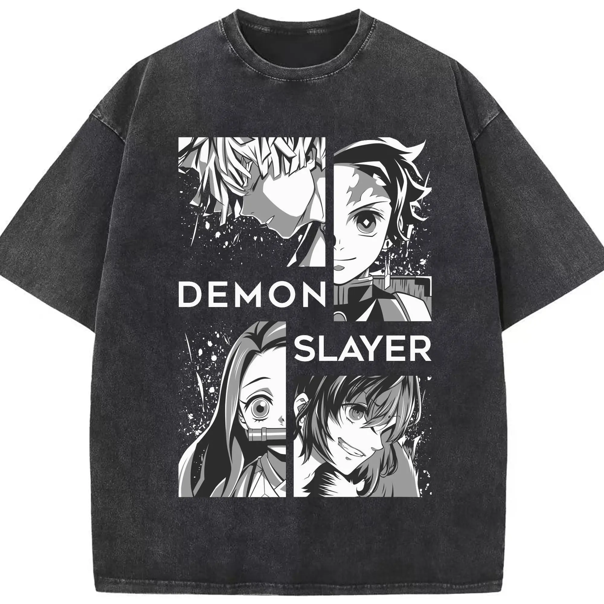 鬼滅の刃 鬼殺隊 炭治郎禰豆子善逸伊之助 - 綿100％ ヴィンテージ風 半袖Tシャツ ・ フロントプリント ・ 柔らか肌触り ・ 通気性 快適 ・ スポーツ カジュアル 外出用