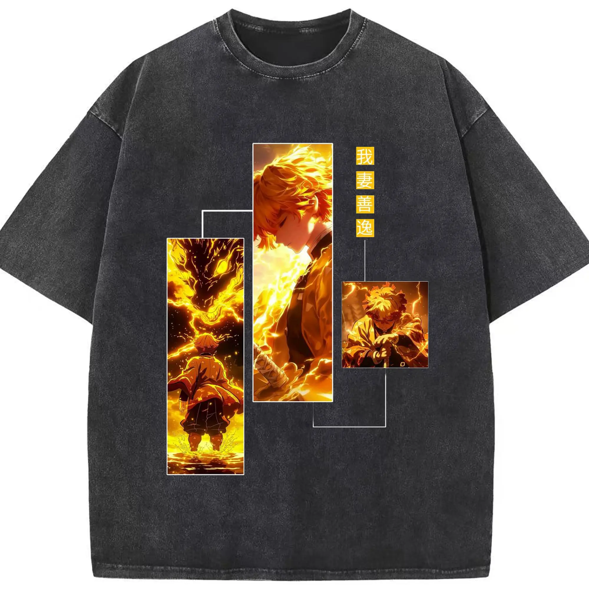 鬼滅の刃 我妻善逸 - 綿100％ ヴィンテージ風 半袖Tシャツ ・ フロントプリント ・ 柔らか肌触り ・ 通気性 快適 ・ スポーツ カジュアル 外出用