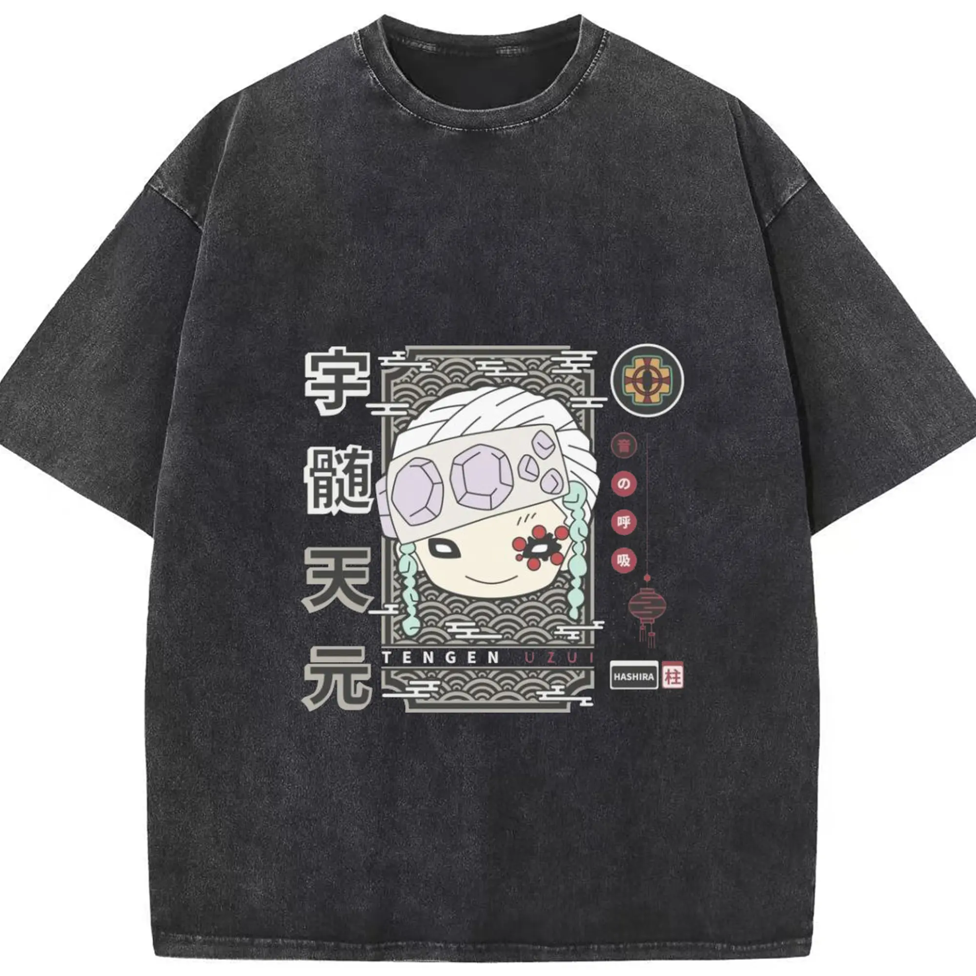 鬼滅の刃　宇髄天元 - 綿100％ ヴィンテージ風 半袖Tシャツ ・ フロントプリント ・ 柔らか肌触り ・ 通気性 快適 ・ スポーツ カジュアル 外出用