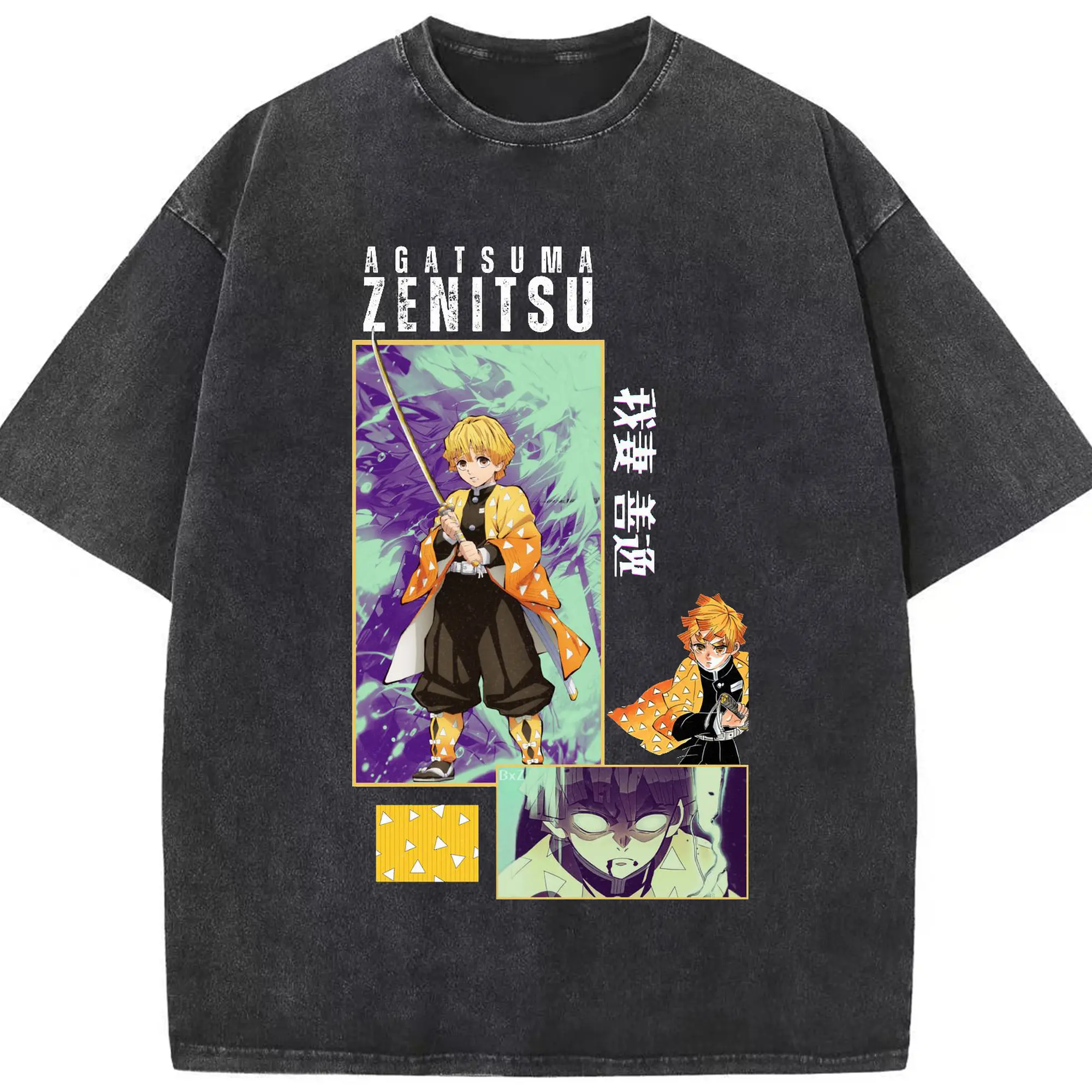 鬼滅の刃 我妻善逸 - 綿100％ ヴィンテージ風 半袖Tシャツ ・ フロントプリント ・ 柔らか肌触り ・ 通気性 快適 ・ スポーツ カジュアル 外出用