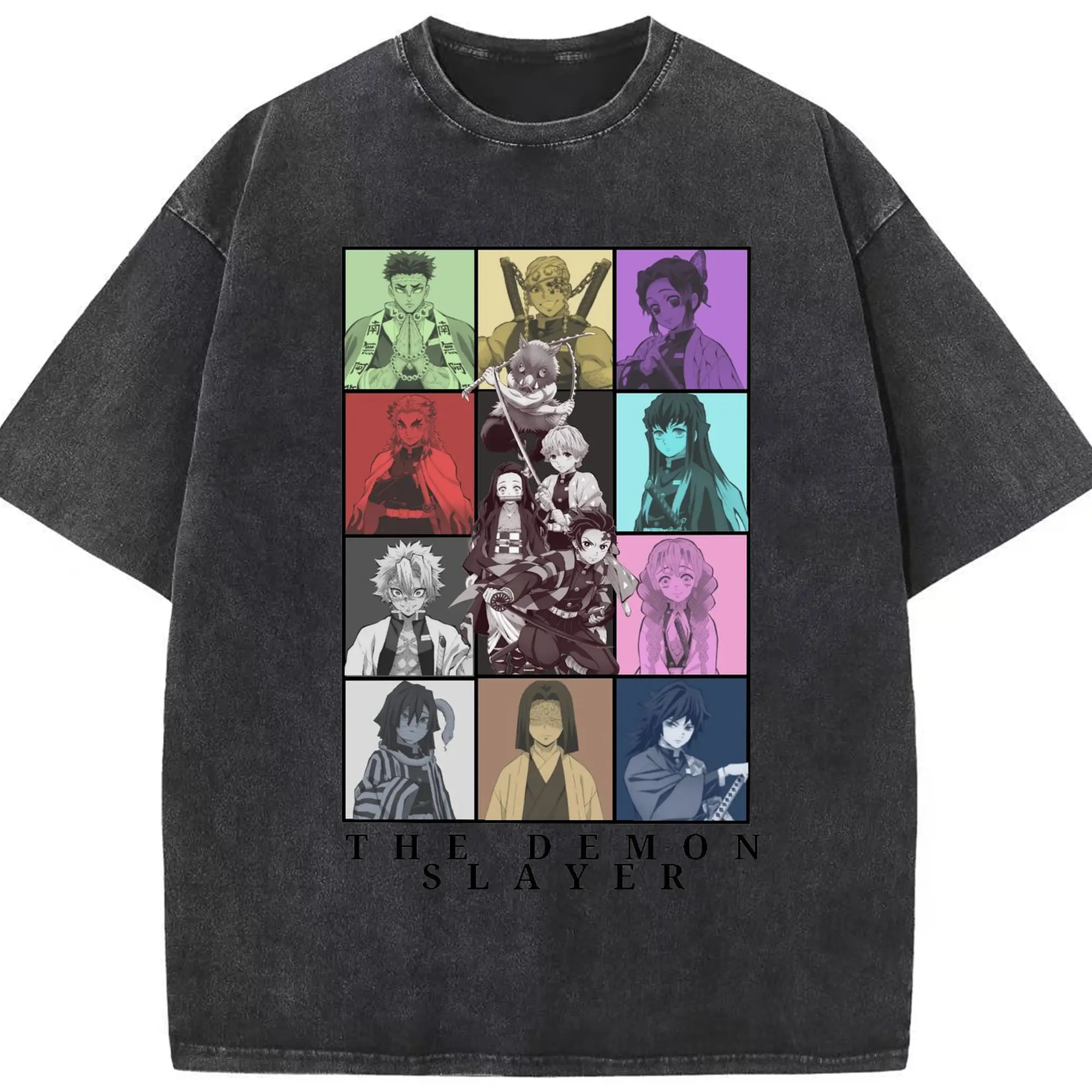 鬼滅の刃 柱合会議 - 綿100％ ヴィンテージ風 半袖Tシャツ ・ フロントプリント ・ 柔らか肌触り ・ 通気性 快適 ・ スポーツ カジュアル 外出用