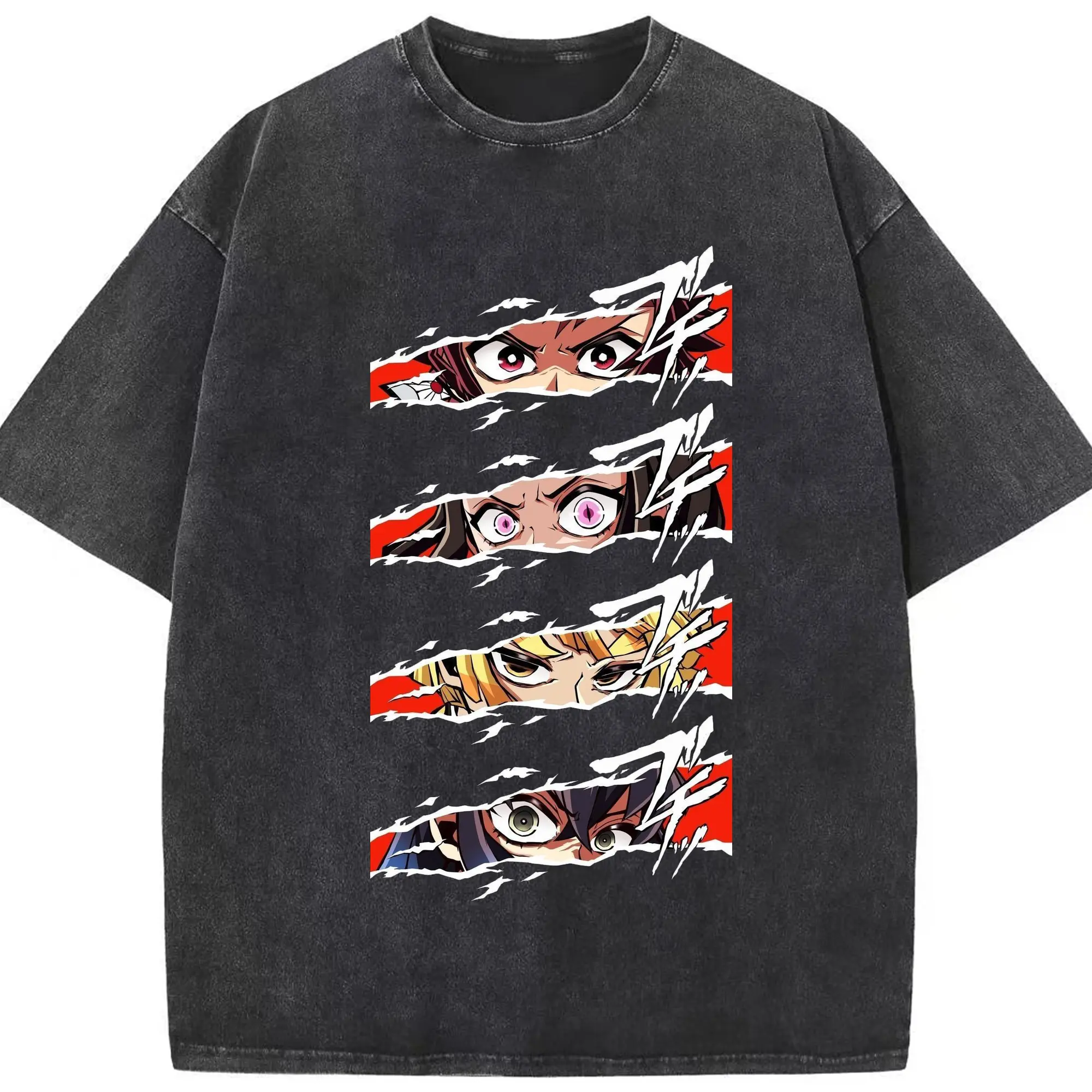 鬼滅の刃 鬼殺隊 炭治郎禰豆子善逸伊之助 - 綿100％ ヴィンテージ風 半袖Tシャツ ・ フロントプリント ・ 柔らか肌触り ・ 通気性 快適 ・ スポーツ カジュアル 外出用