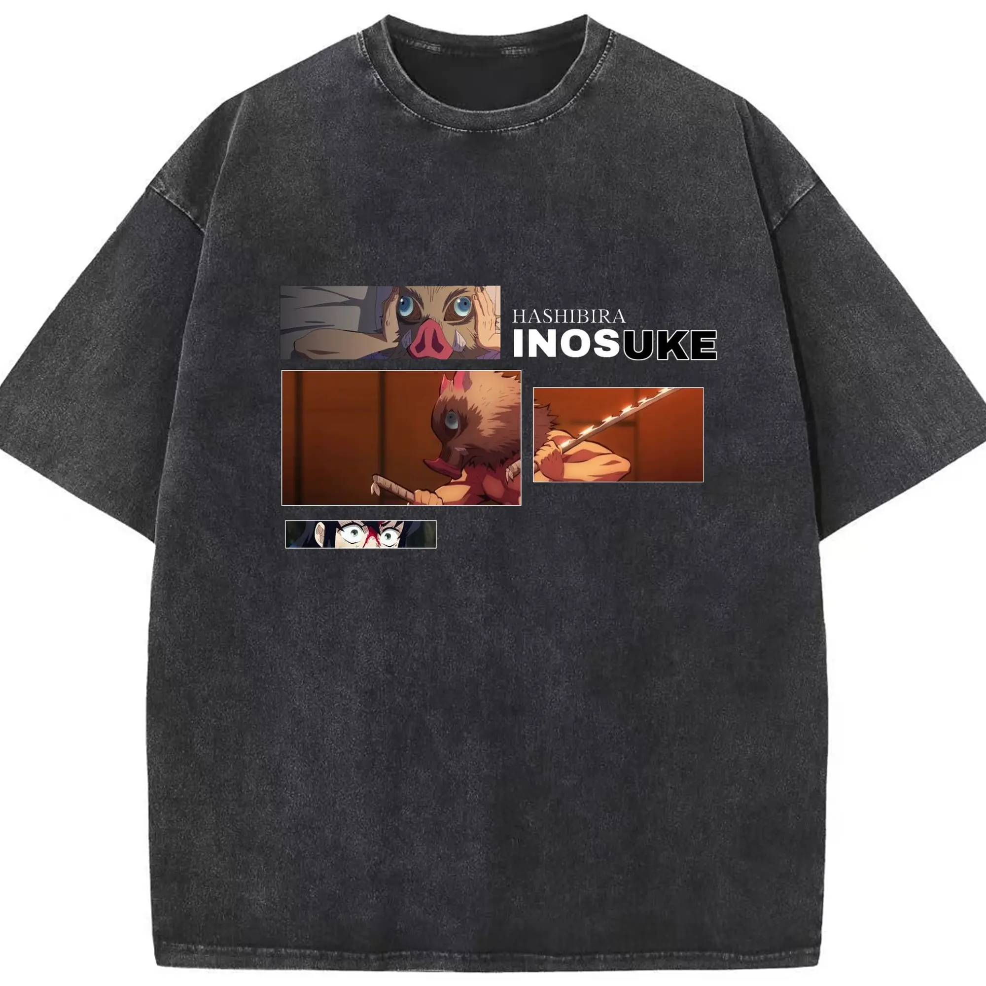 鬼滅の刃 嘴平伊之助 - 綿100％ ヴィンテージ風 半袖Tシャツ ・ フロントプリント ・ 柔らか肌触り ・ 通気性 快適 ・ スポーツ カジュアル 外出用