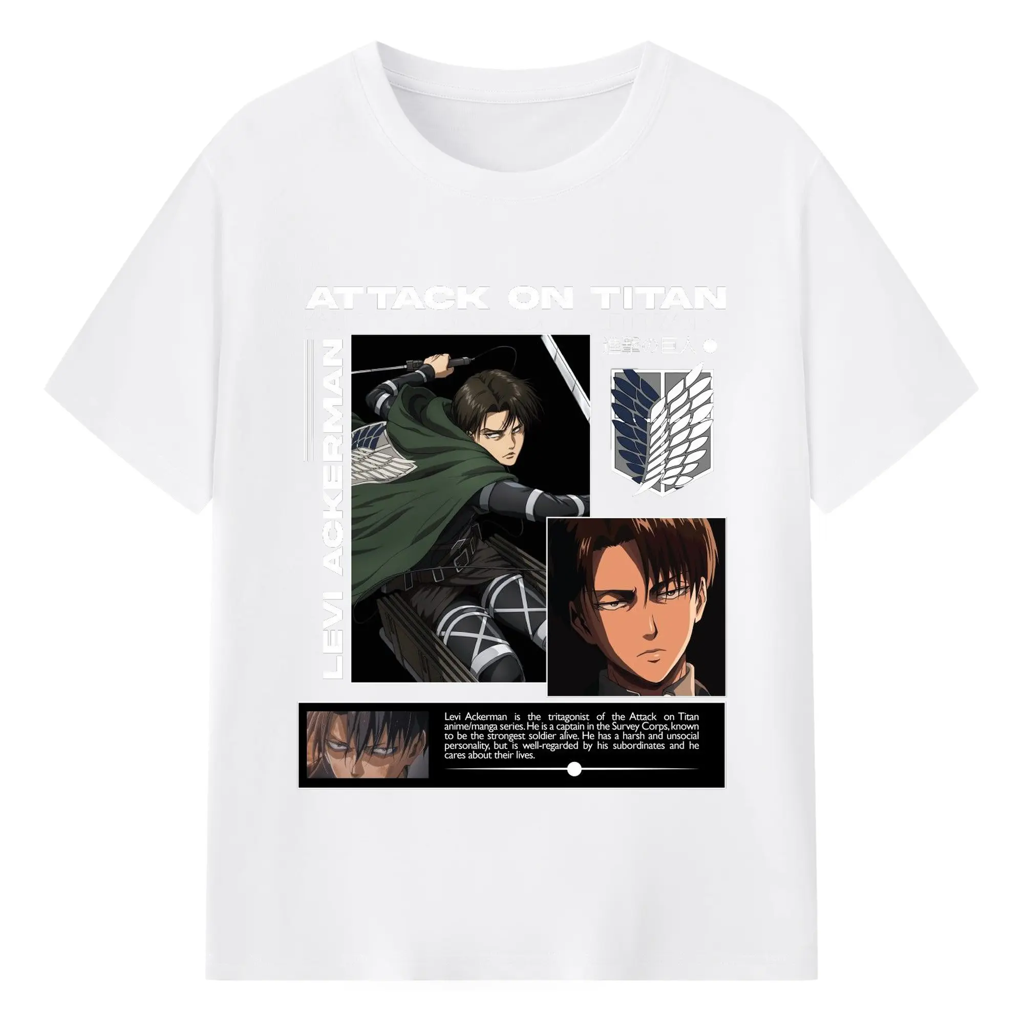 進撃の巨人 リヴァイ - 綿100％ 半袖Tシャツ ・ フロントプリント ・ 快適 通気性 ・ 日常使い 散歩 スポーツ用