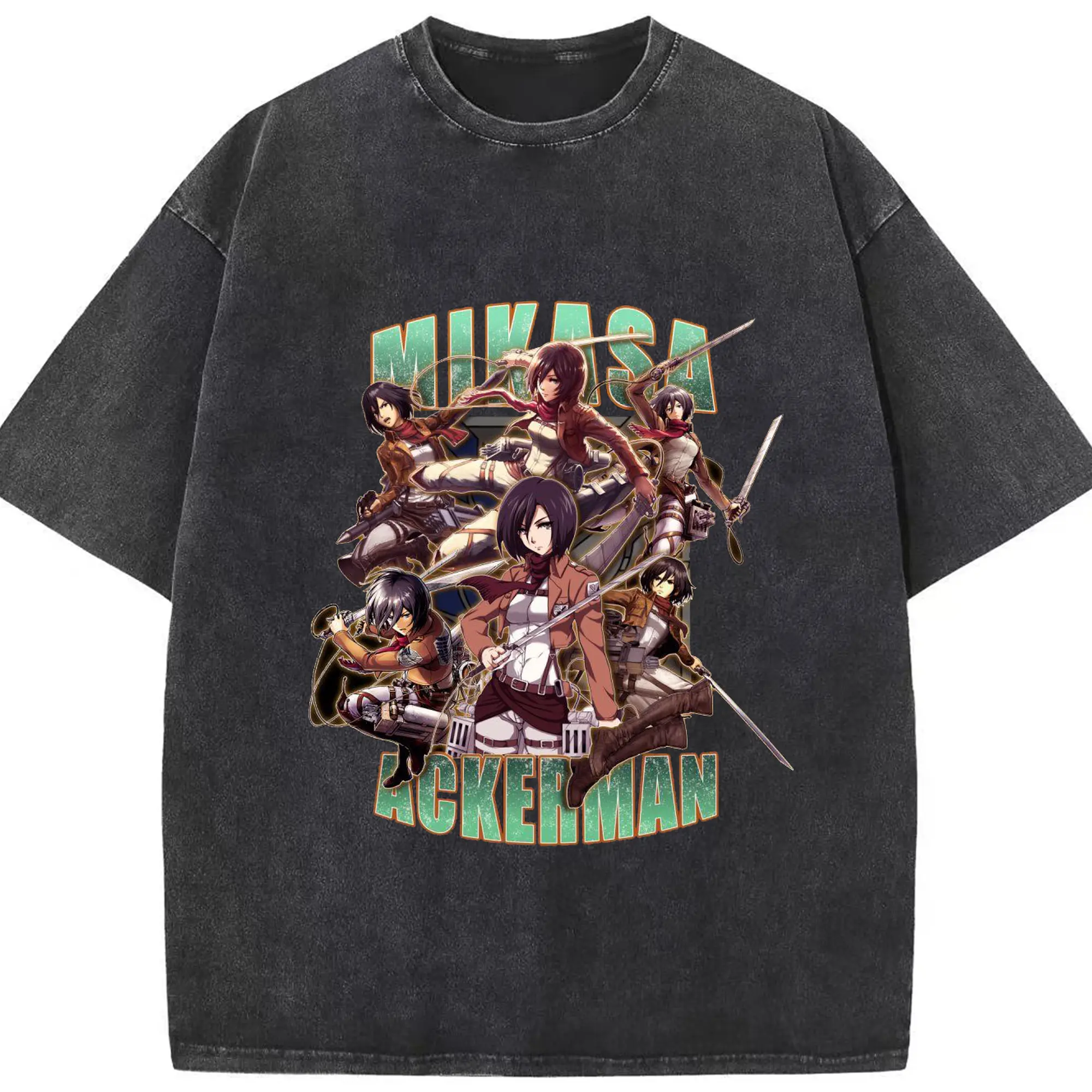 進撃の巨人 ミカサ・アッカーマン - 綿100％ ヴィンテージ風 半袖Tシャツ ・ フロントプリント ・ 柔らか肌触り ・ 通気性 快適 ・ スポーツ カジュアル 外出用