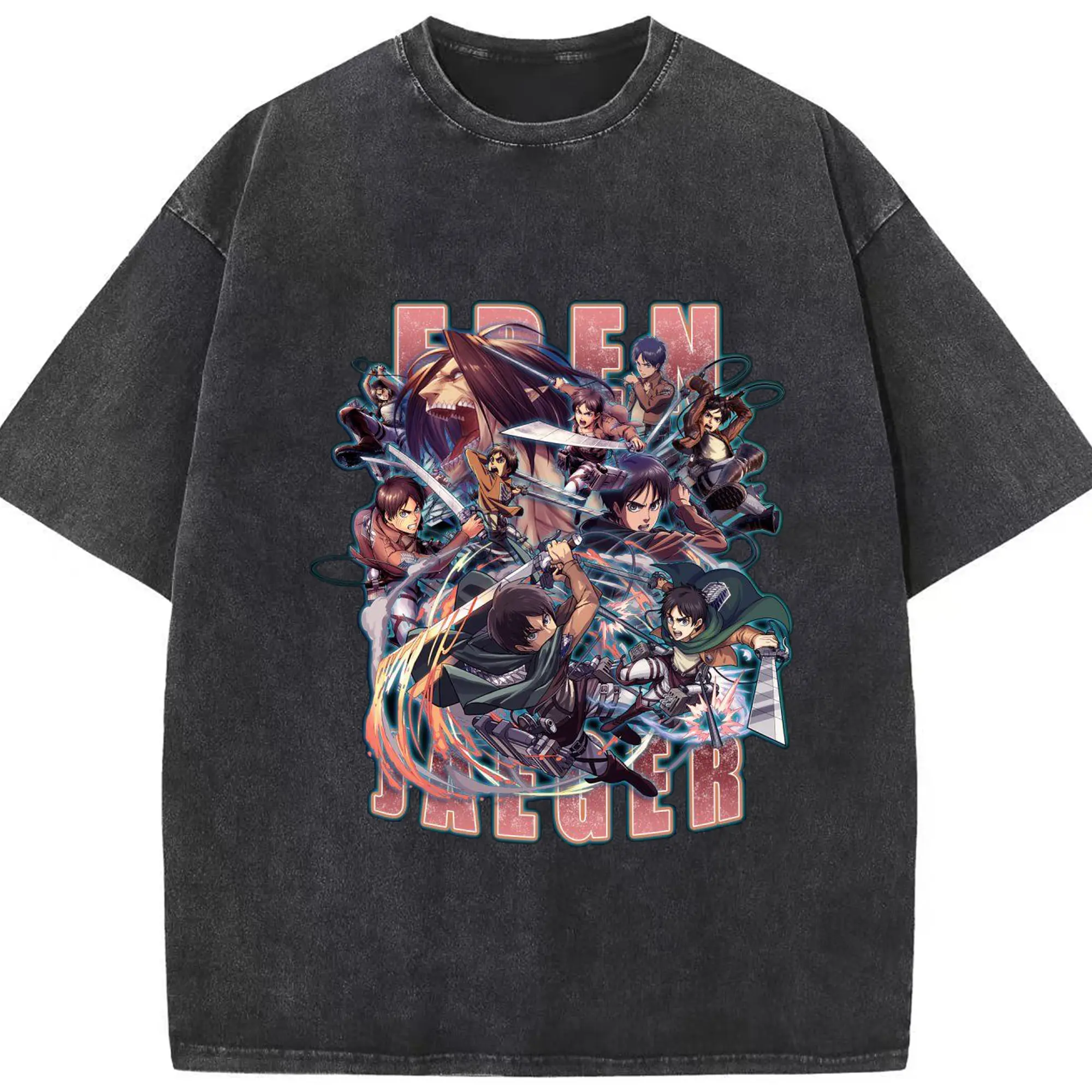 進撃の巨人 エレン - 綿100％ ヴィンテージ風 半袖Tシャツ ・ フロントプリント ・ 柔らか肌触り ・ 通気性 快適 ・ スポーツ カジュアル 外出用