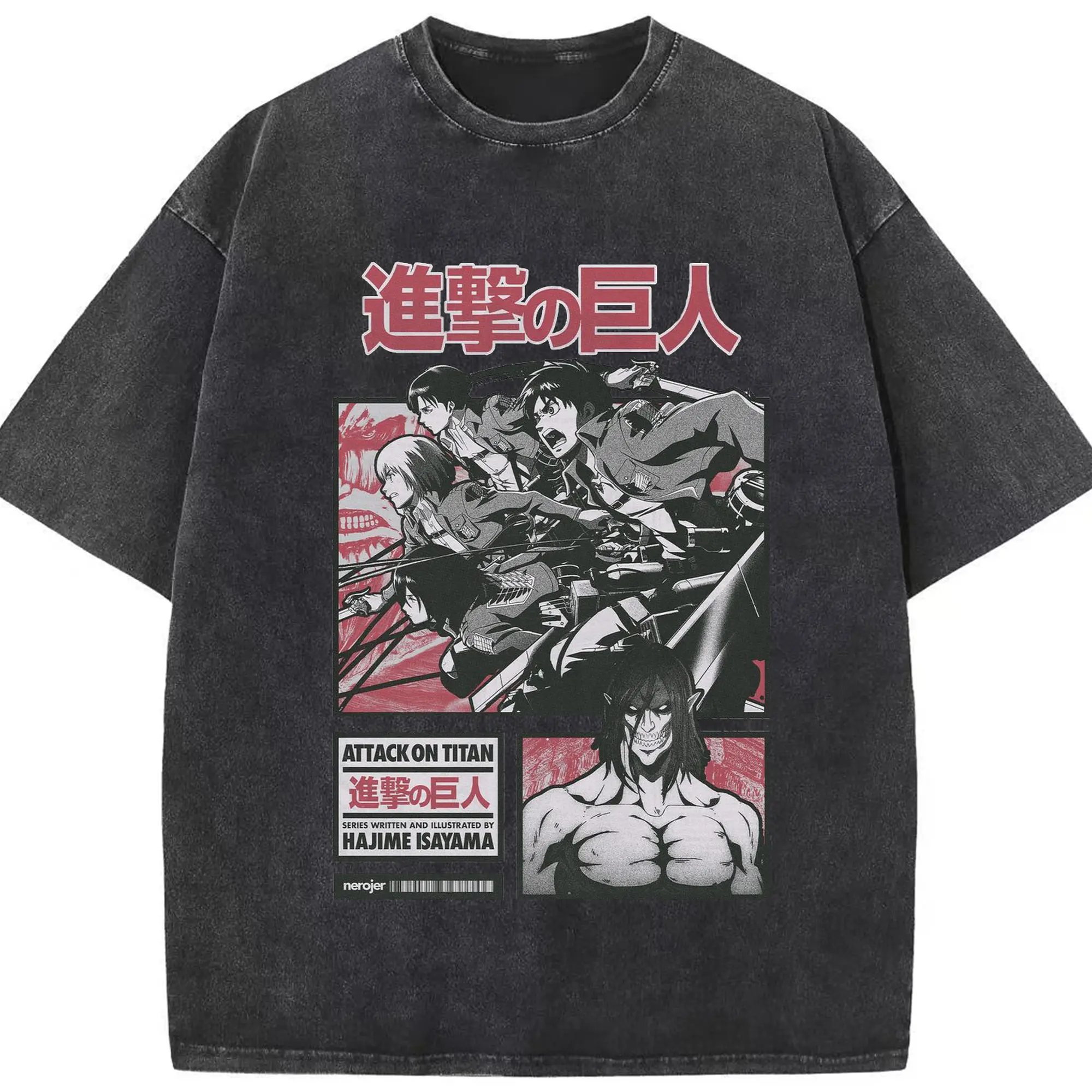 進撃の巨人 大人気キャラクター特別限定 - 綿100％ ヴィンテージ風 半袖Tシャツ ・ フロントプリント ・ 柔らか肌触り ・ 通気性 快適 ・ スポーツ カジュアル 外出用
