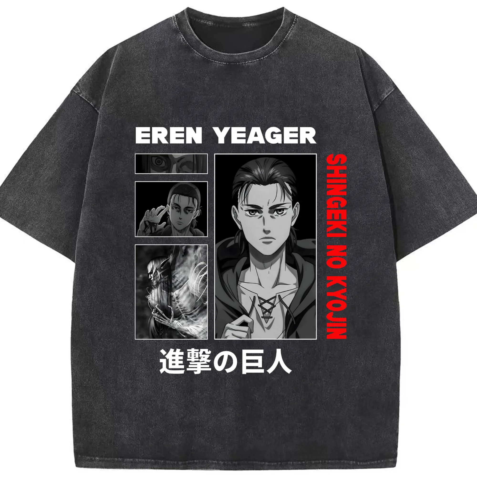 進撃の巨人　エレン - 綿100％ ヴィンテージ風 半袖Tシャツ ・ フロントプリント ・ 柔らか肌触り ・ 通気性 快適 ・ スポーツ カジュアル 外出用