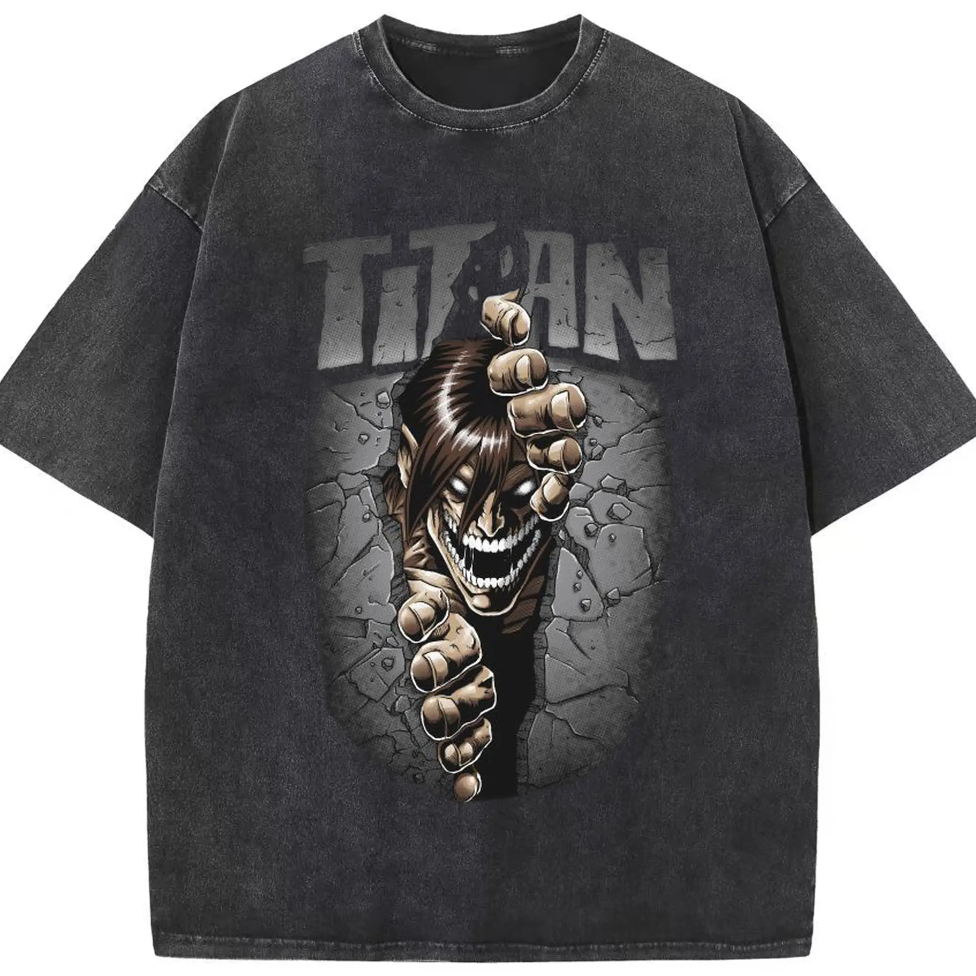 進撃の巨人 エレン - 綿100％ ヴィンテージ風 半袖Tシャツ ・ フロントプリント ・ 柔らか肌触り ・ 通気性 快適 ・ スポーツ カジュアル 外出用