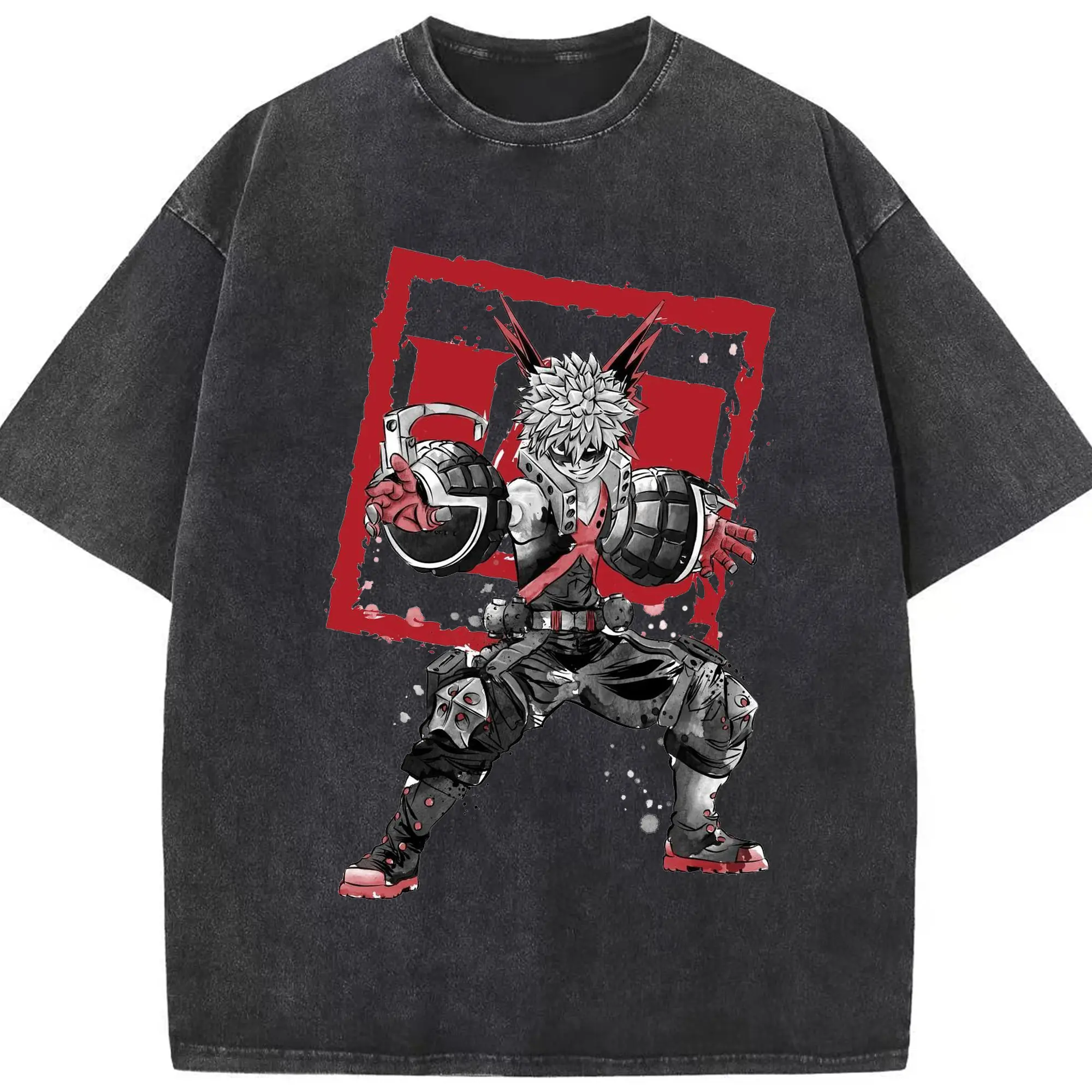 僕のヒーローアカデミア 爆豪 勝己 - 綿100％ ヴィンテージ風 半袖Tシャツ ・ フロントプリント ・ 柔らか肌触り ・ 通気性 快適 ・ スポーツ カジュアル 外出用