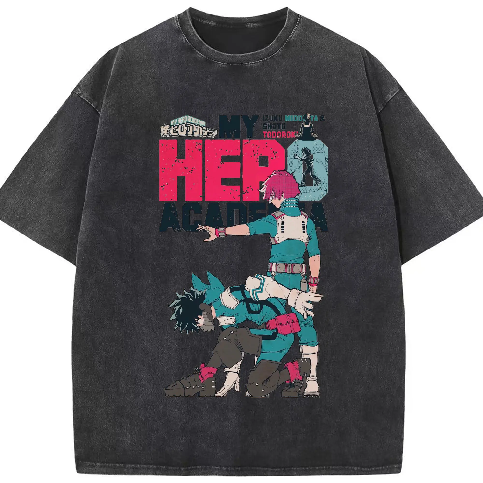 僕のヒーローアカデミア - 綿100％ ヴィンテージ風 半袖Tシャツ ・ フロントプリント ・ 柔らか肌触り ・ 通気性 快適 ・ スポーツ カジュアル 外出用